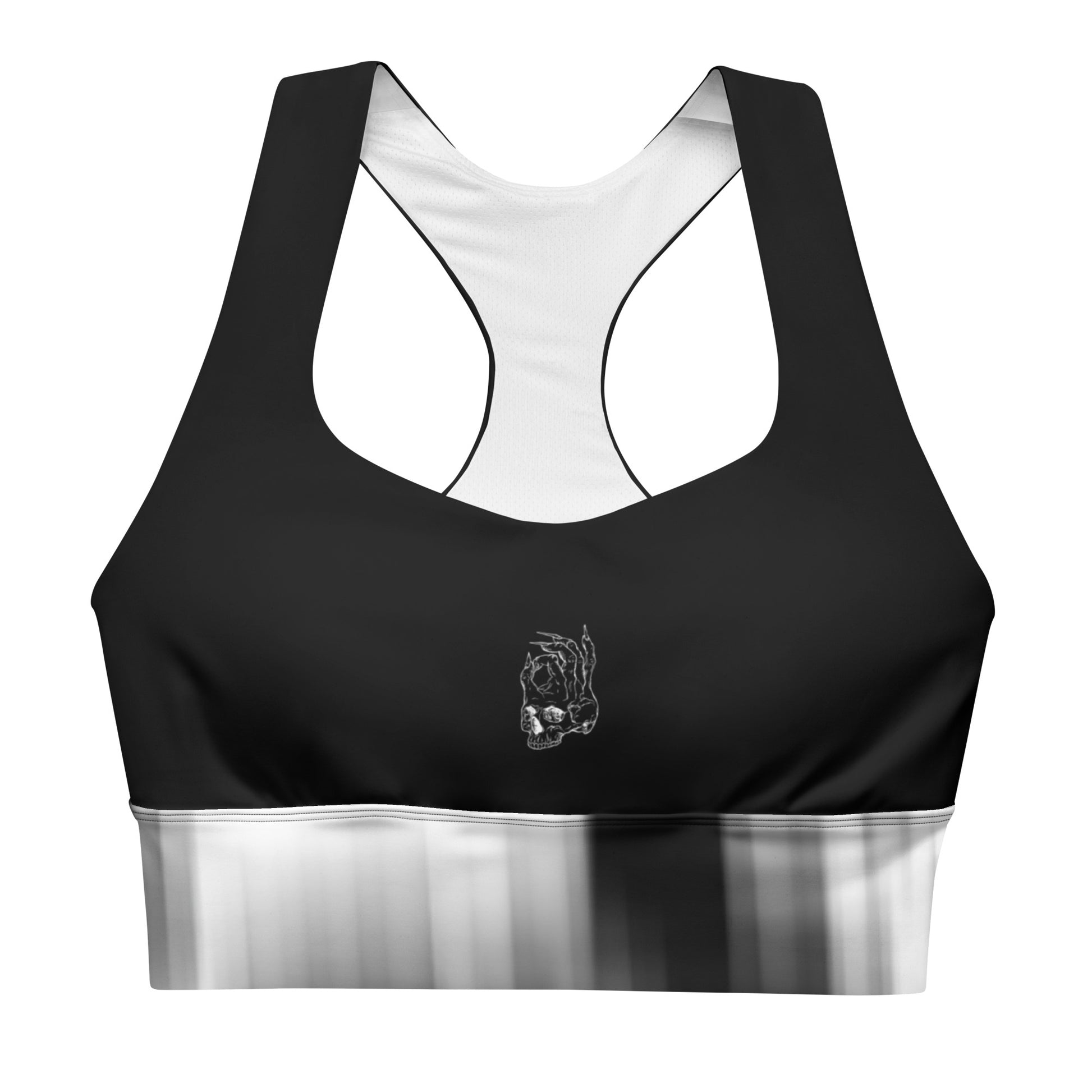 Front view of the Hellbeing recycled women's sports bra in black and grayscale