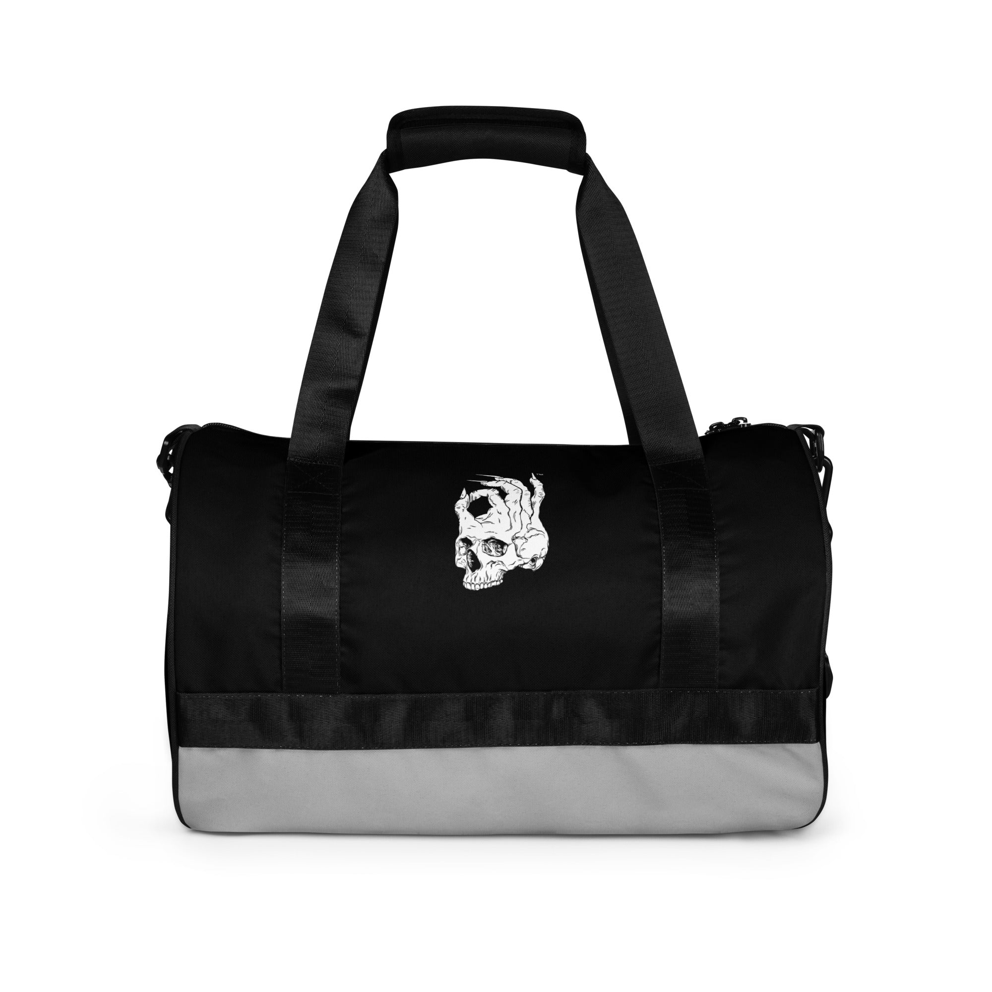 Hellbeing gym bag in grayscale and black, front design view