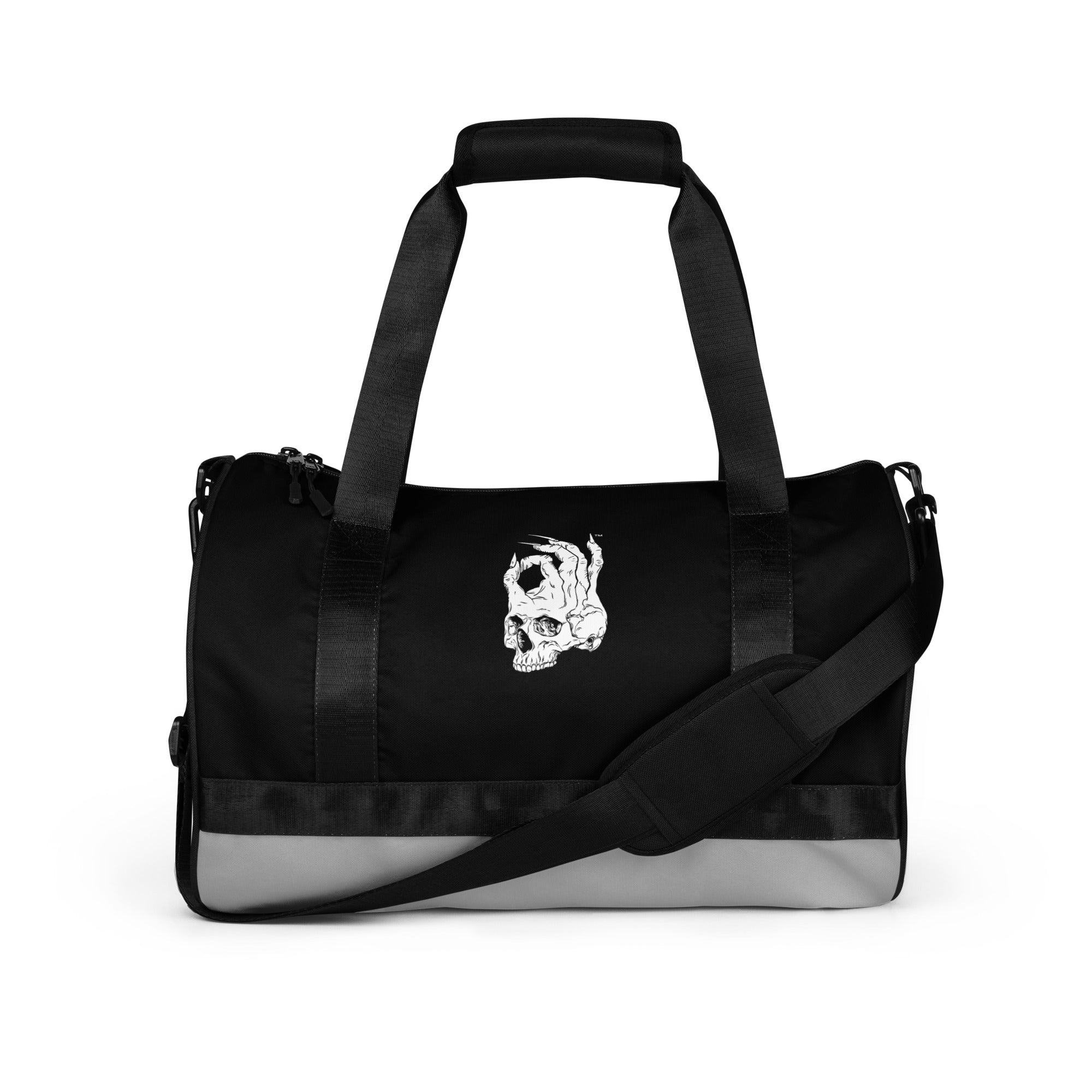 Hellbeing gym bag in grayscale and black, front view