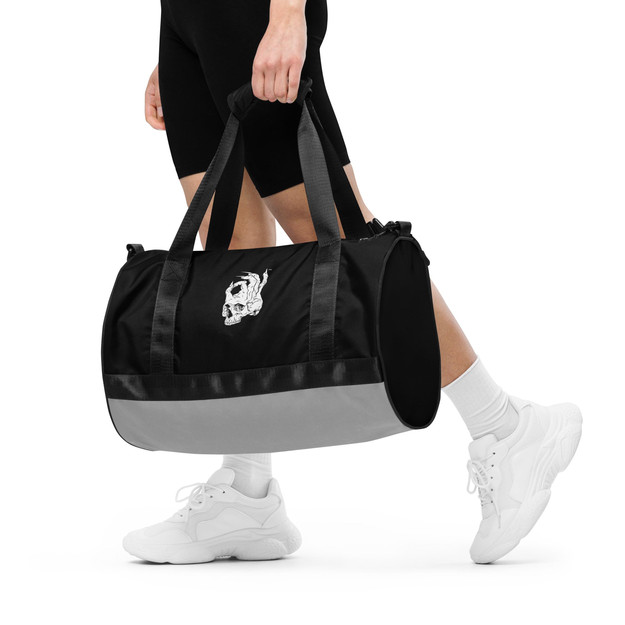 Hellbeing gym bag in grayscale and black, front close-up