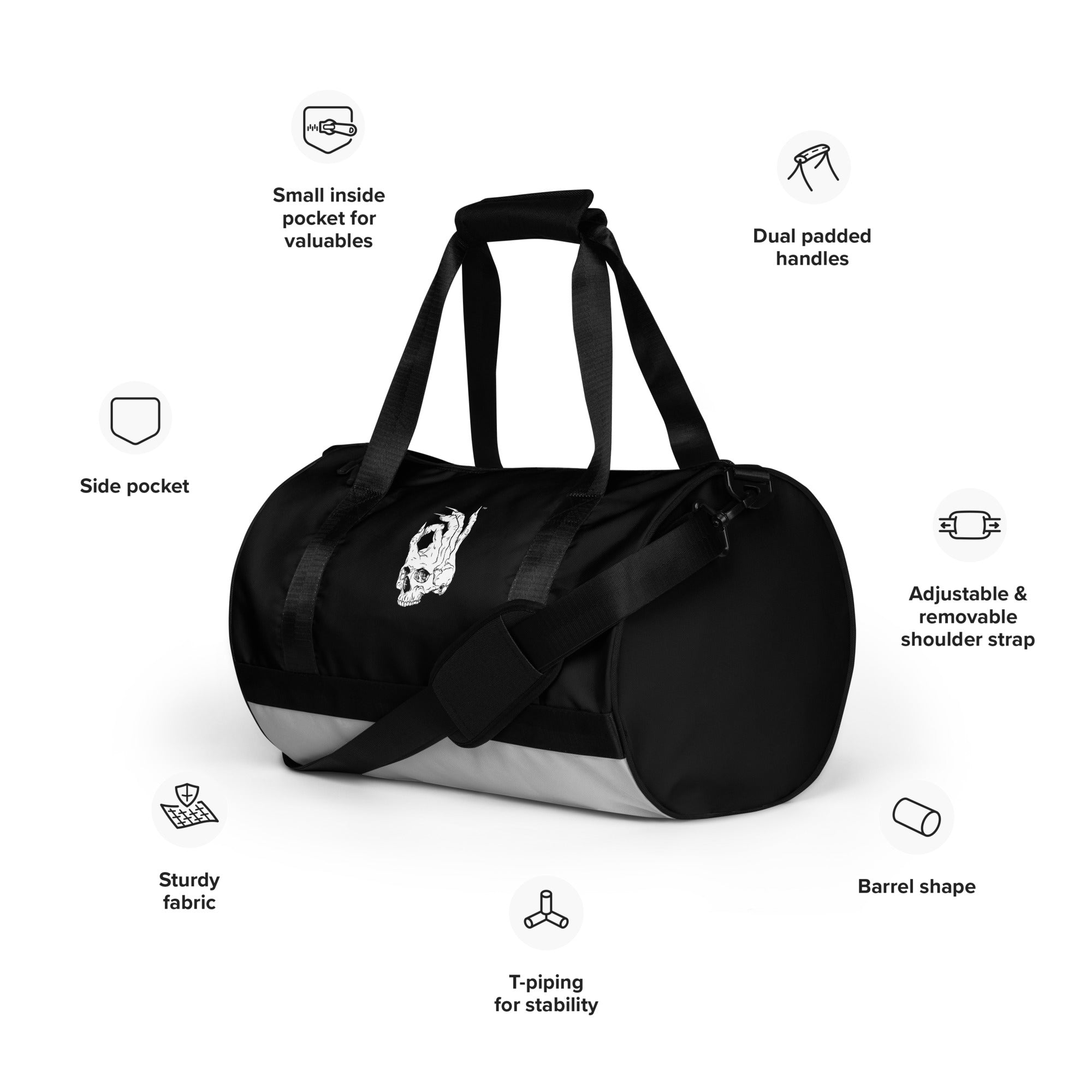 Hellbeing gym bag in grayscale and black, front detail