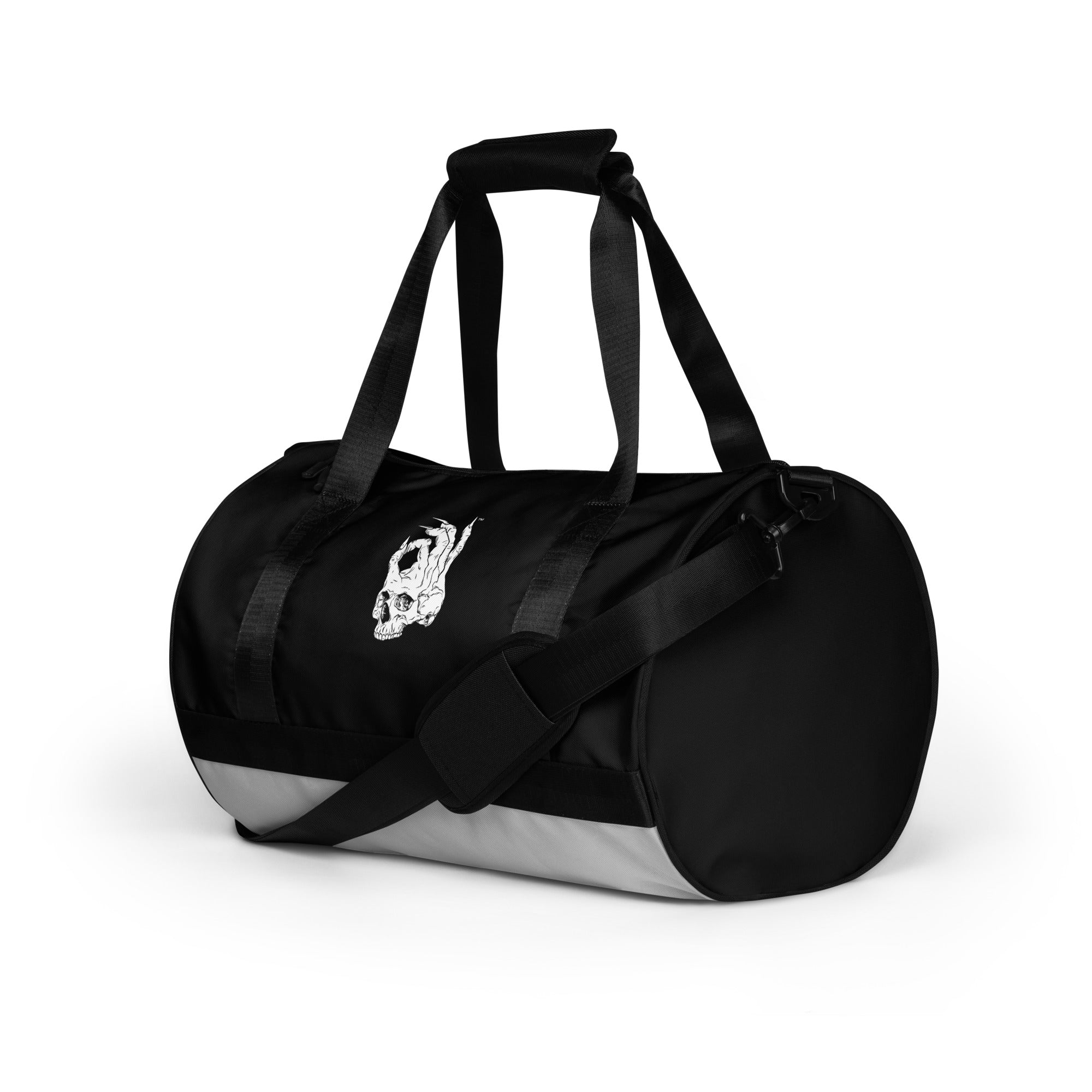 Hellbeing gym bag in grayscale and black, left front view