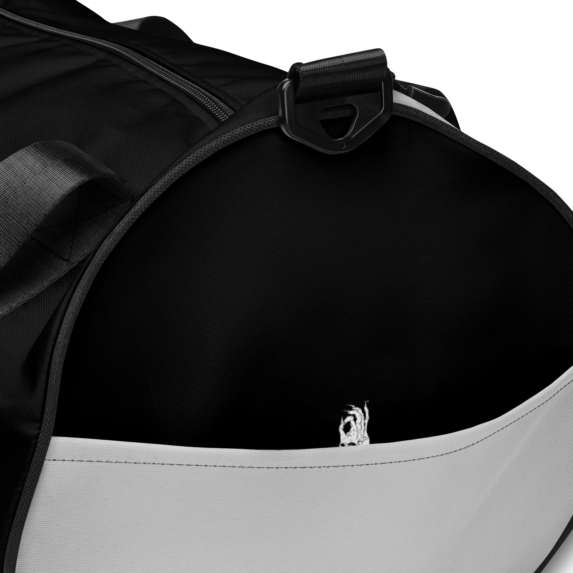 Hellbeing gym bag in grayscale and black, side detail
