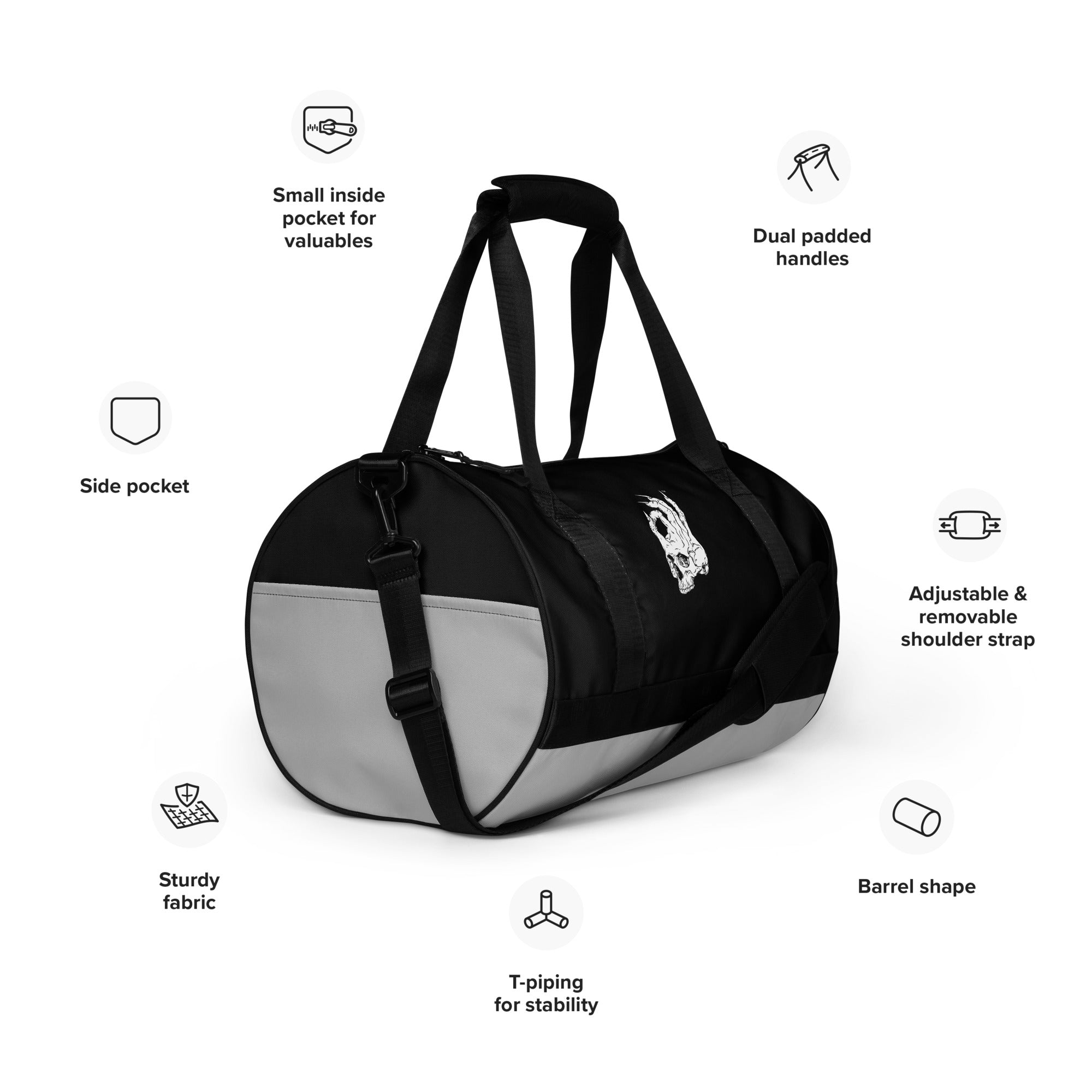 Hellbeing gym bag in grayscale and black, handle detail
