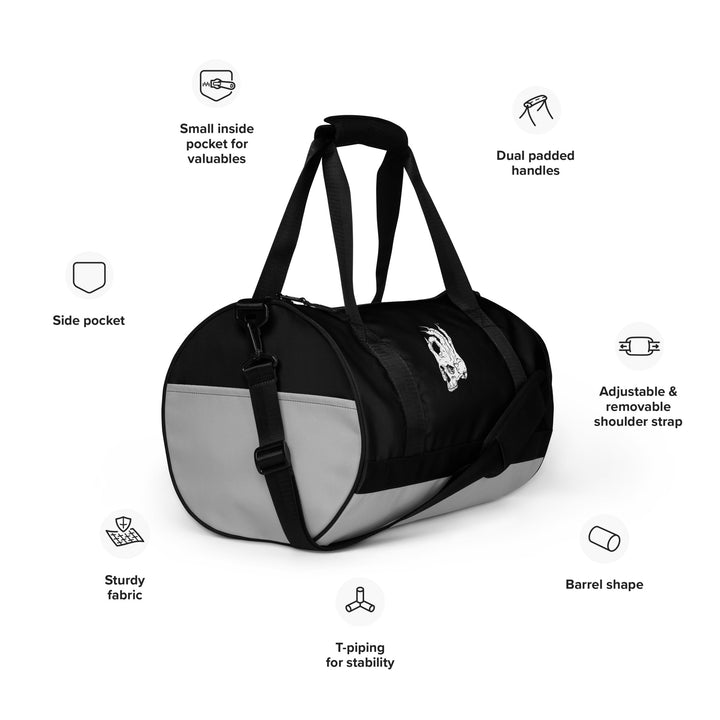 Hellbeing gym bag in grayscale and black, handle detail