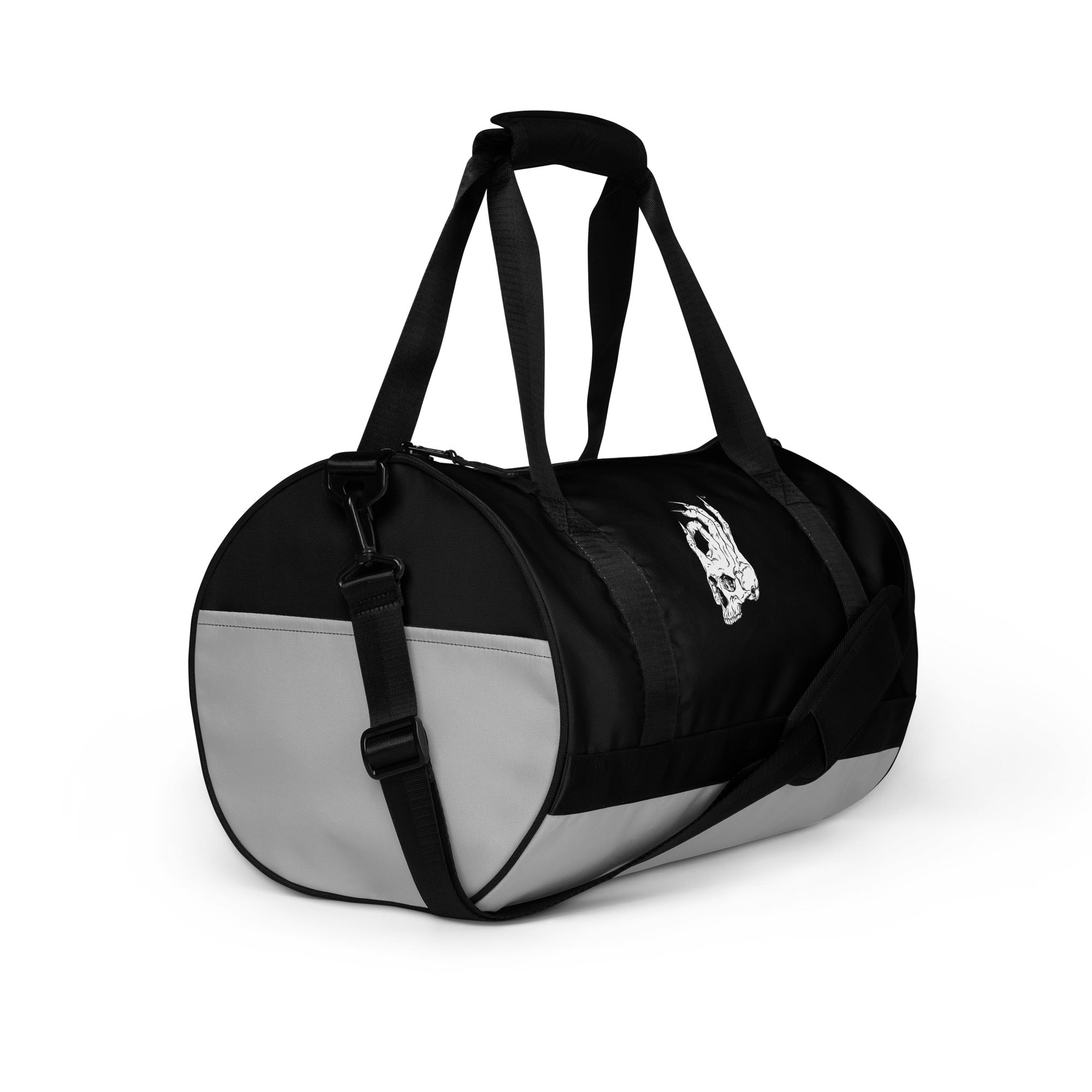 Hellbeing gym bag in grayscale and black, right front view