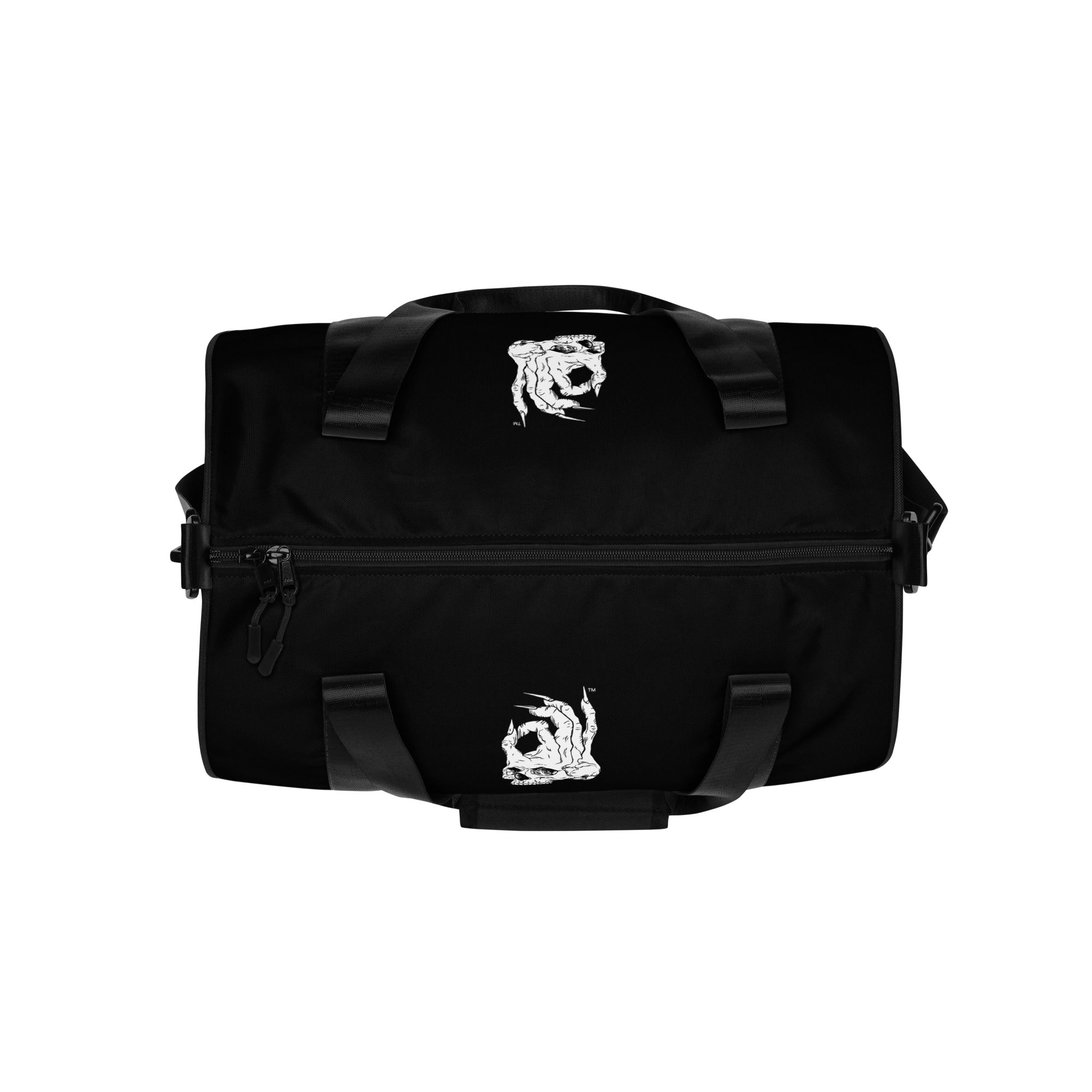 Hellbeing gym bag in grayscale and black, top view