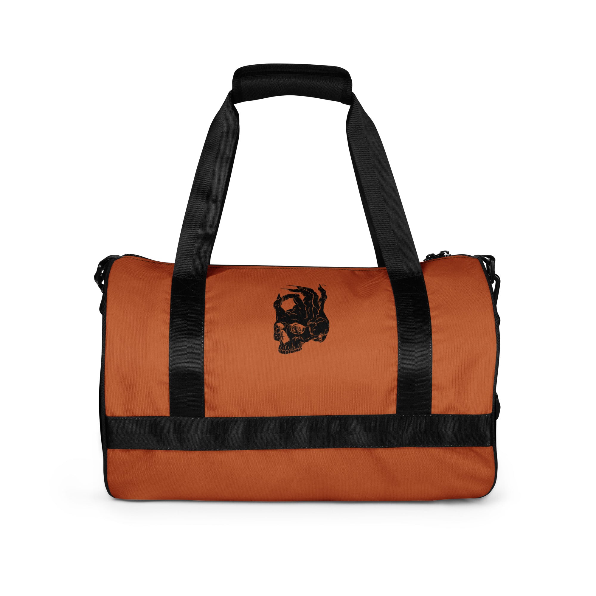 Hellbeing gym bag in burnt orange and black, front design view