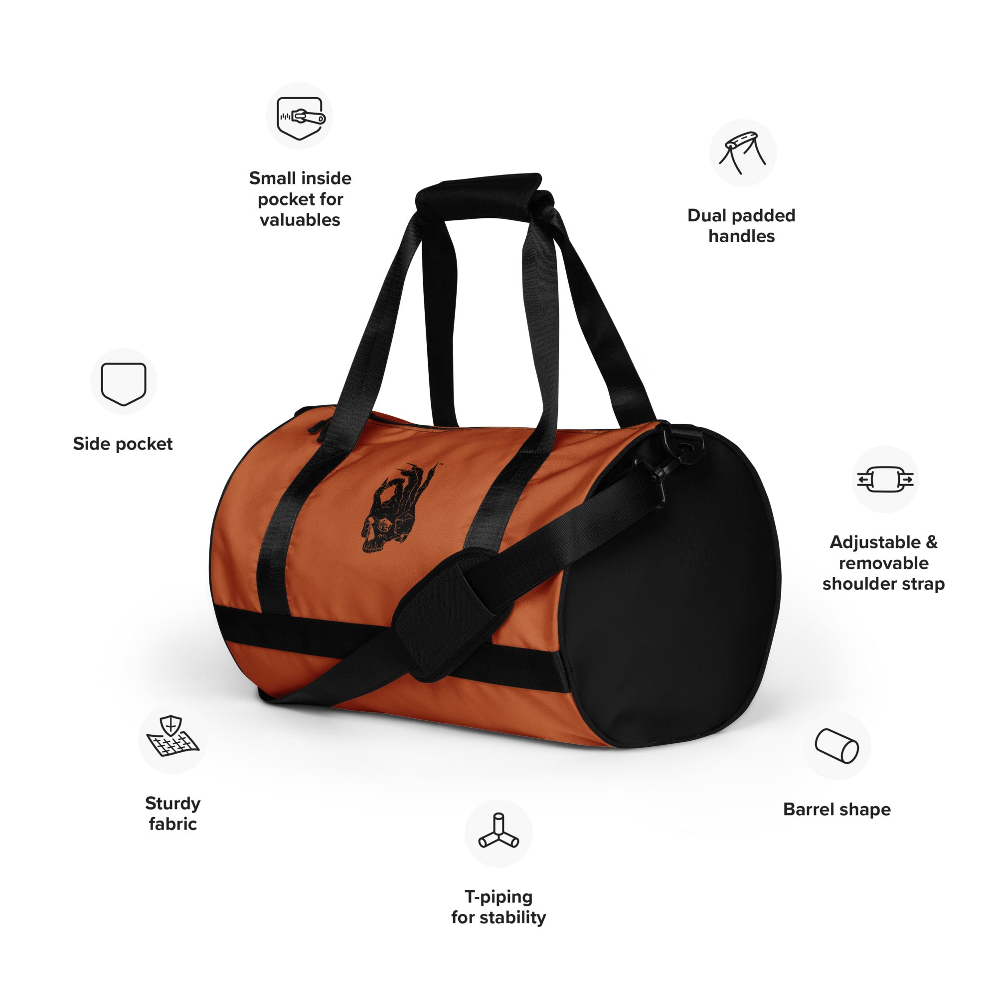 Hellbeing gym bag in burnt orange and black, handle detail