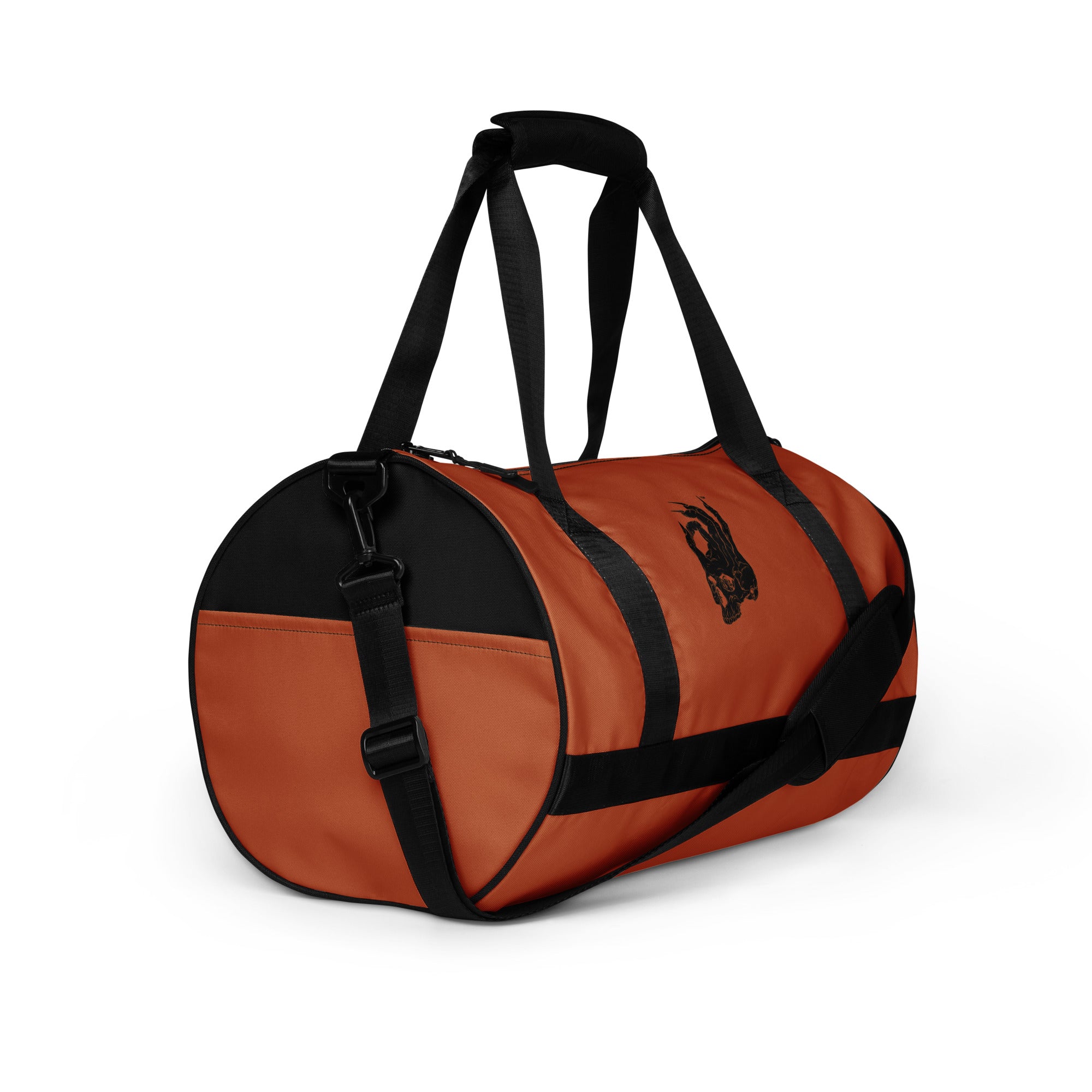Hellbeing gym bag in burnt orange and black, side angle view