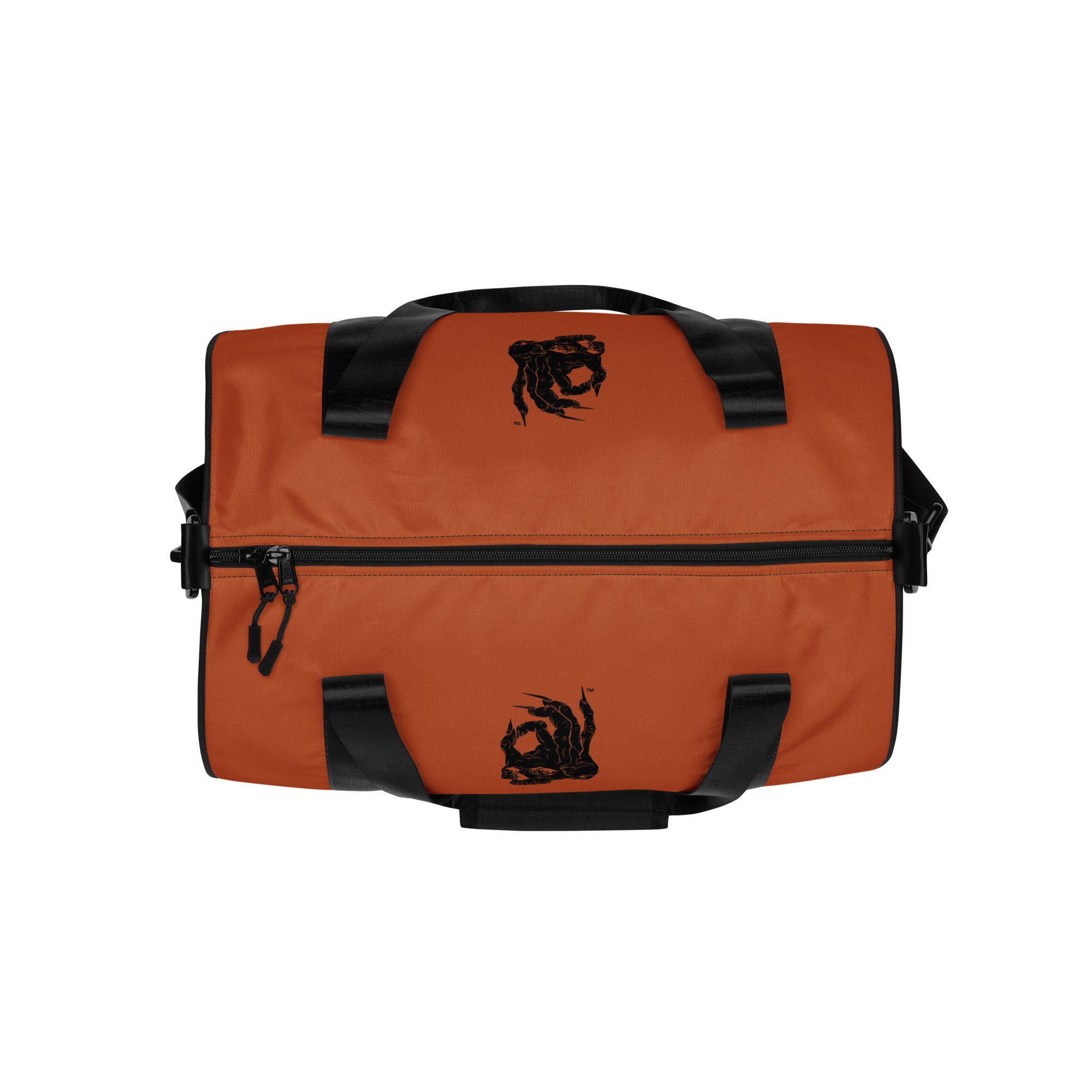 Hellbeing gym bag in burnt orange and black, top view