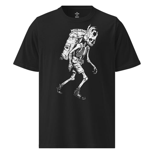 Front view of the Hellbeing Under Armour hiking skeleton black t-shirt