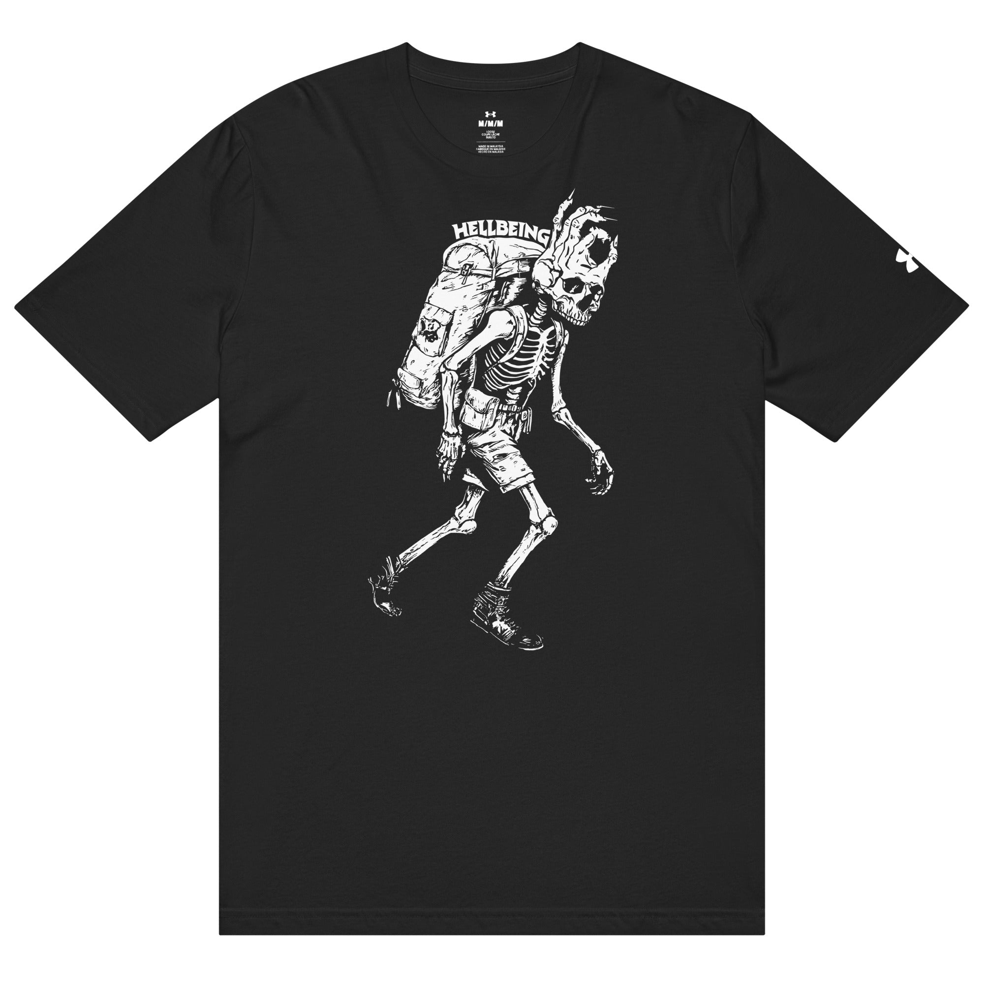 Hellbeing hiking skeleton performance tee in black, front design view