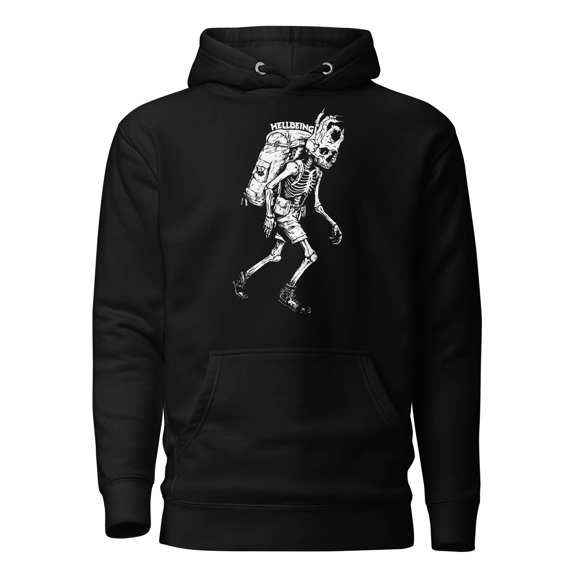 Hellbeing hiking skeleton hoodie in black, front view