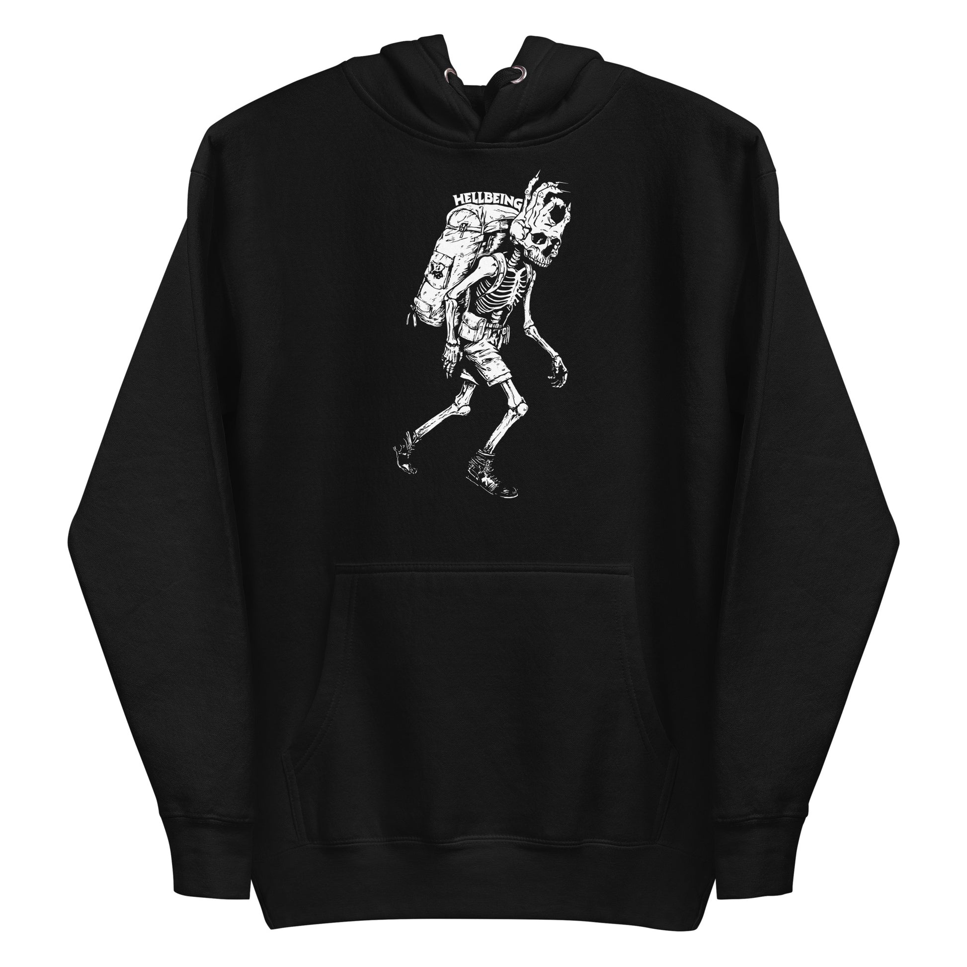 Front view of the Hellbeing hiking skeleton black hoodie