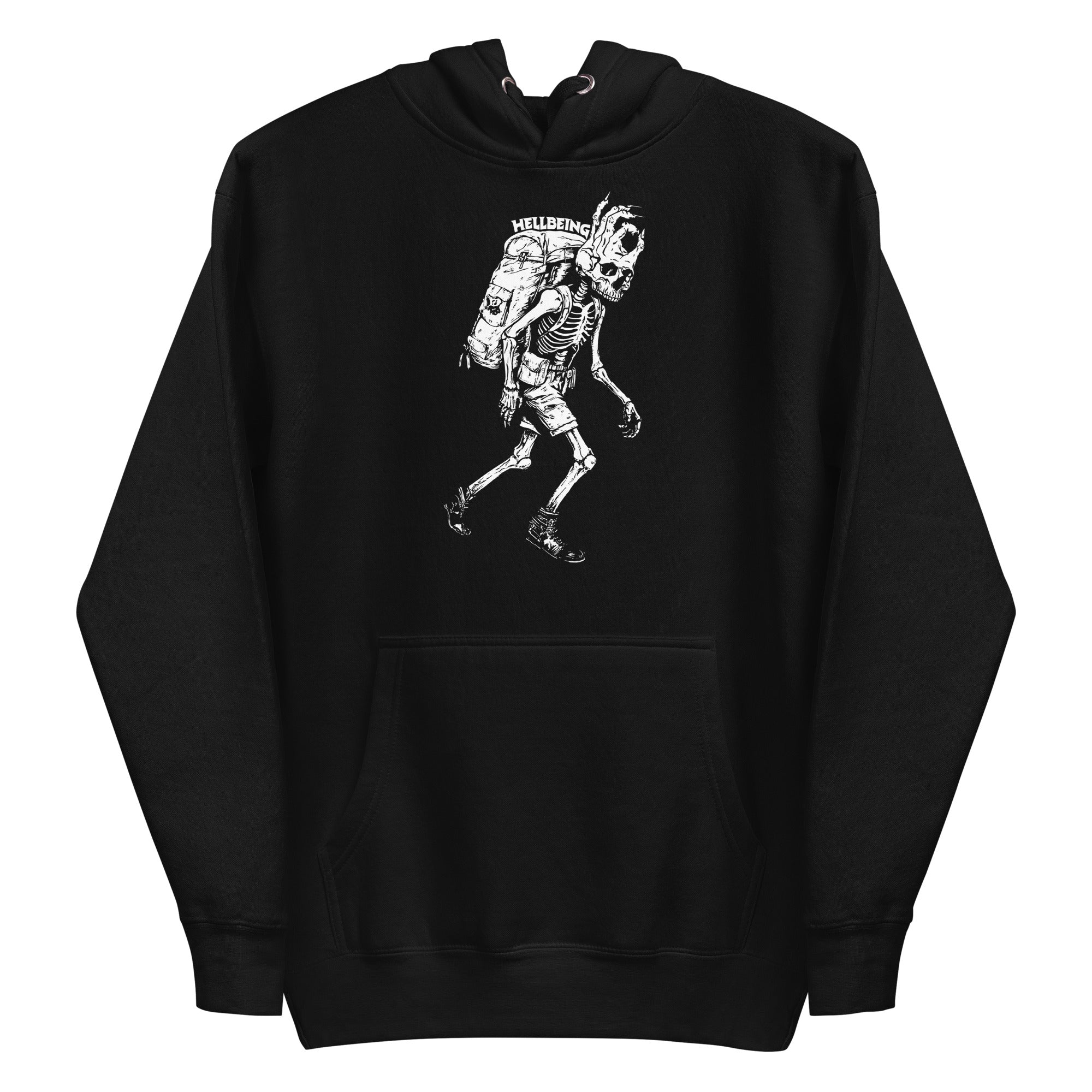 Hellbeing hiking skeleton hoodie in black, front close-up