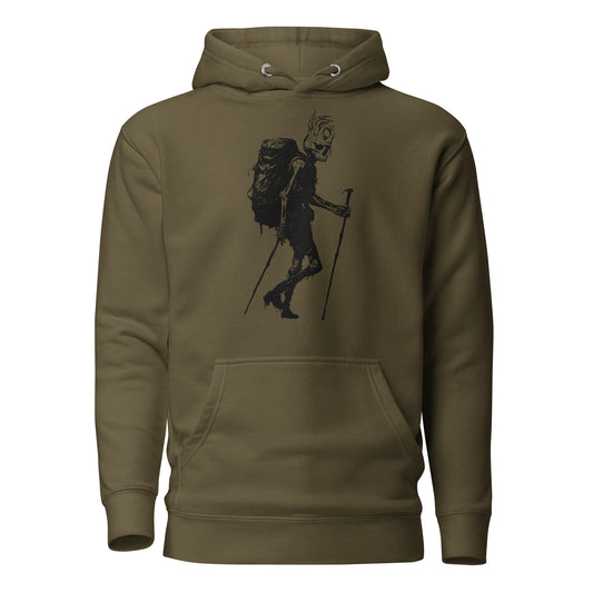 Front view of the Hellbeing military green hiking skeleton hoodie