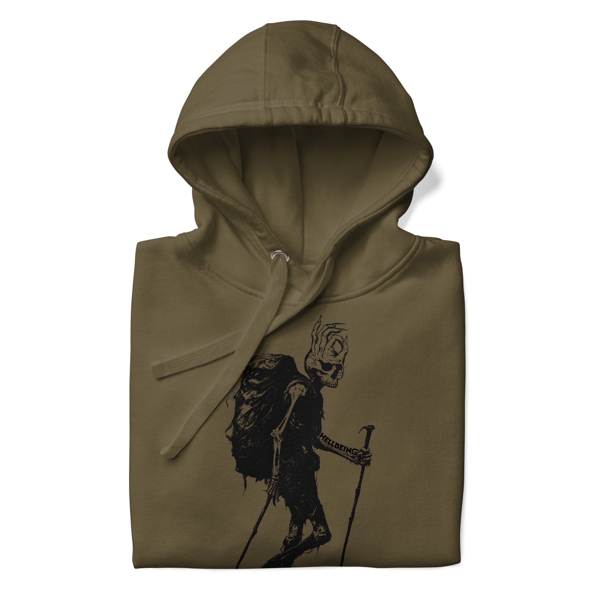 Front folded view of the Hellbeing military green hiking skeleton hoodie