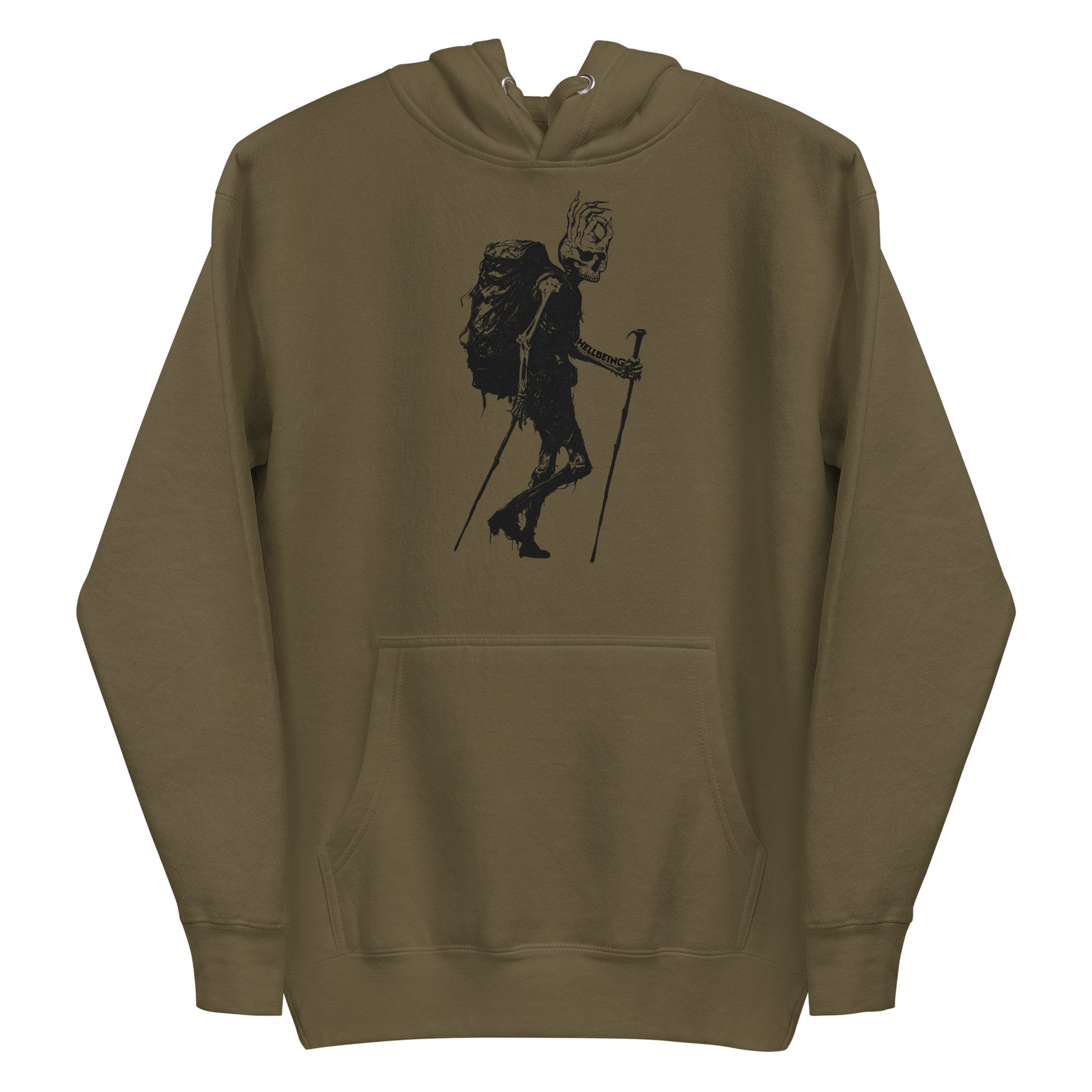 Front view of the Hellbeing military green hiking skeleton hoodie