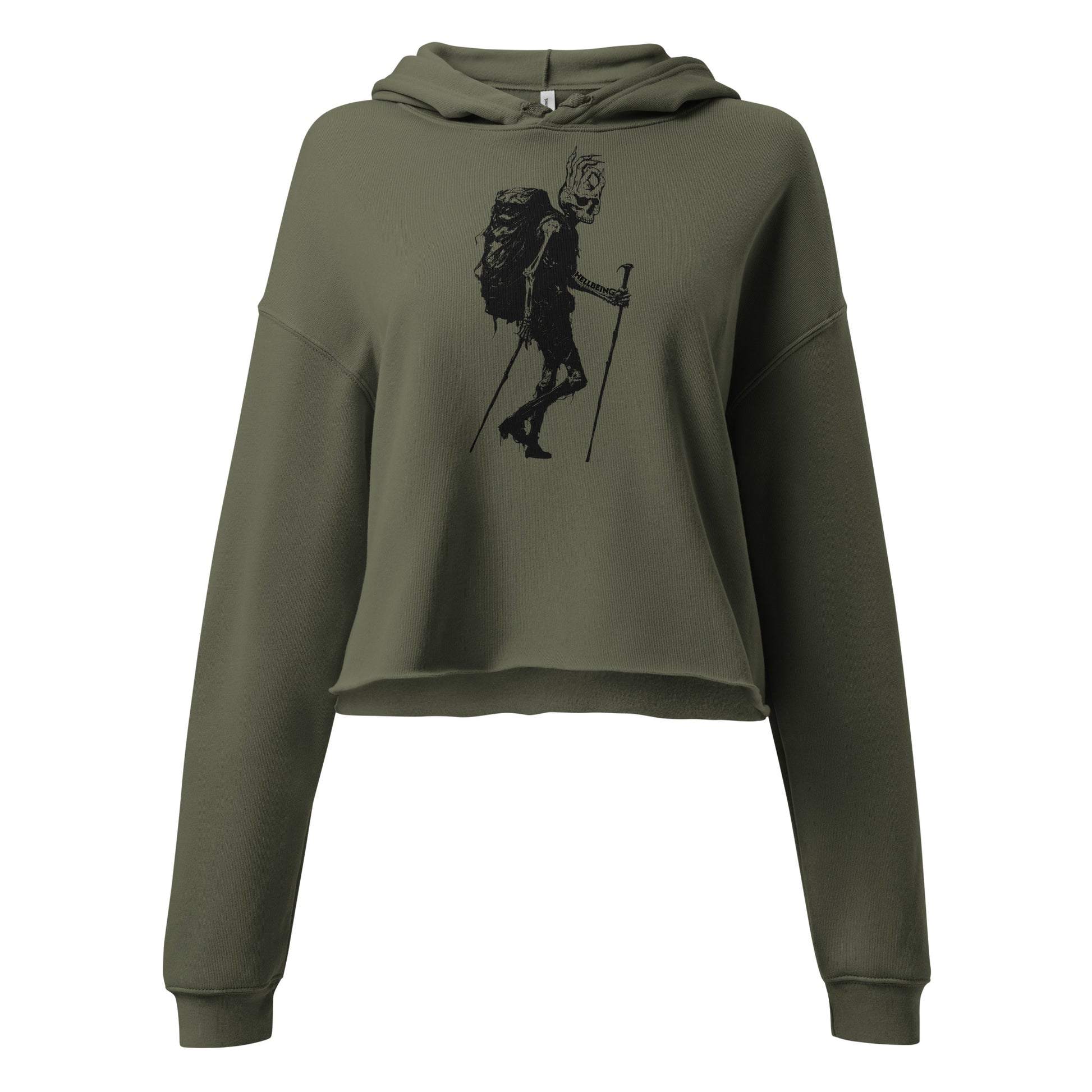 Front view of the Hellbeing women's, military green, hiking skeleton cropped hoodie