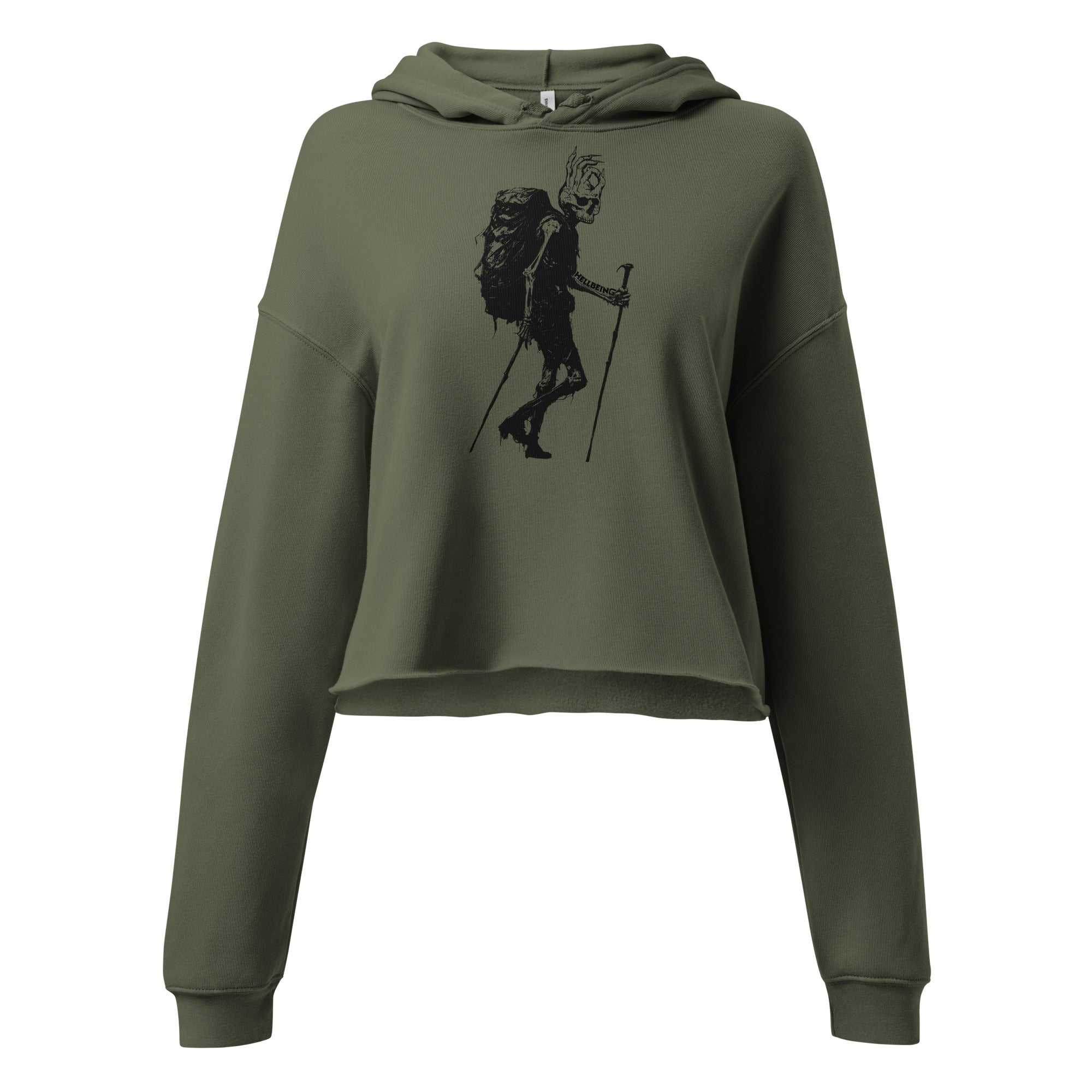 Hellbeing hiking skeleton crop hoodie in military green, front view