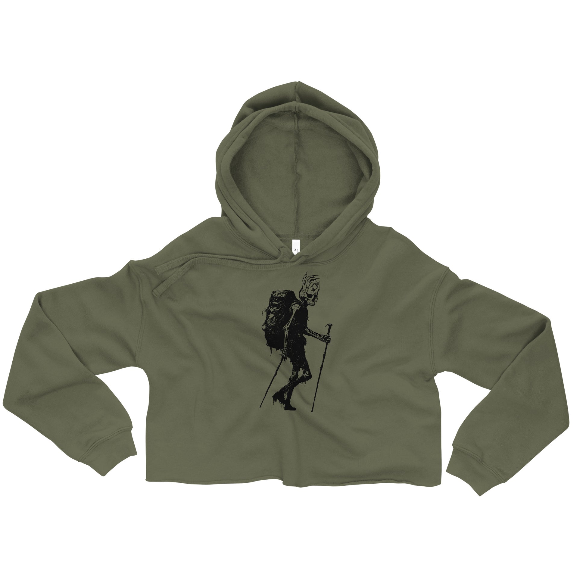 Front view of the Hellbeing women's, military green, hiking skeleton cropped hoodie