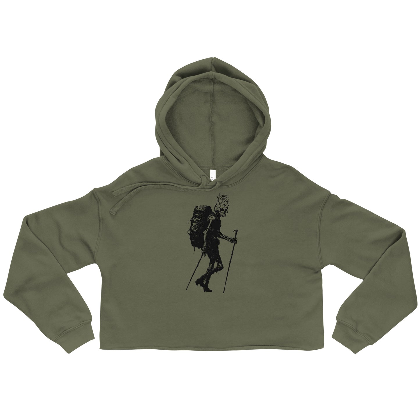 Front view of the Hellbeing women's, military green, hiking skeleton cropped hoodie