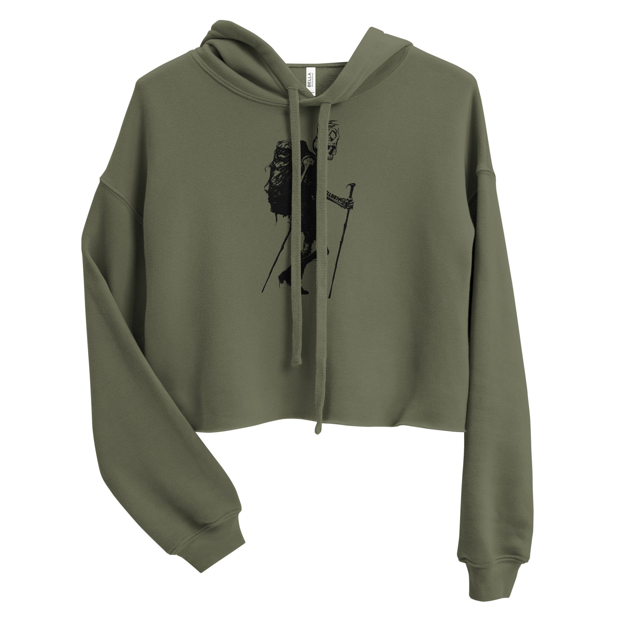 Hellbeing hiking skeleton crop hoodie in military green, front detail