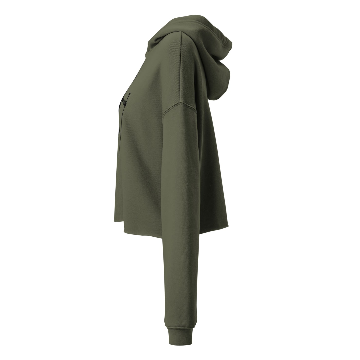 Left side view of the Hellbeing women's, military green, hiking skeleton cropped hoodie
