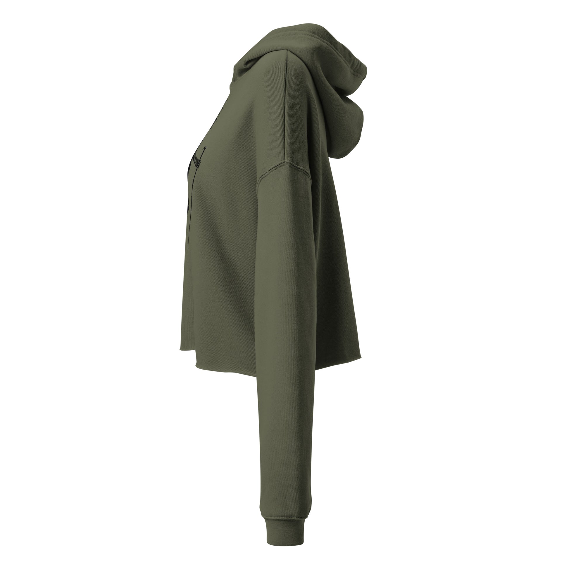 Left side view of the Hellbeing women's, military green, hiking skeleton cropped hoodie