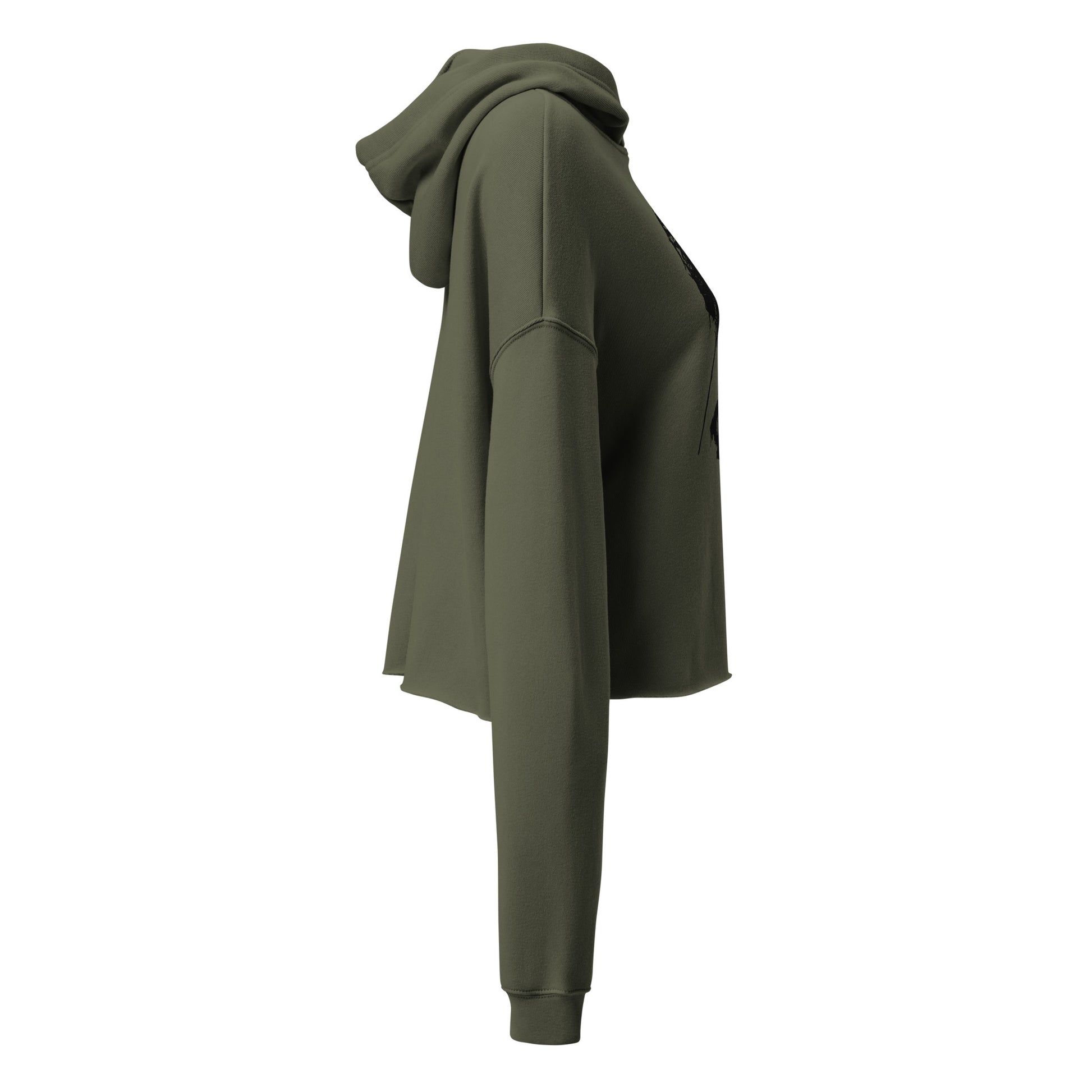 Right side view of the Hellbeing women's, military green, hiking skeleton cropped hoodie