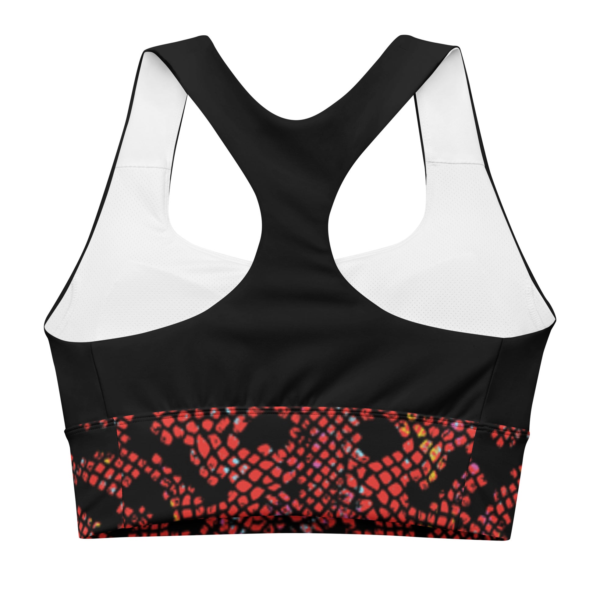Back view of the Hellbeing women's sports bra in black and burgundy snakeskin