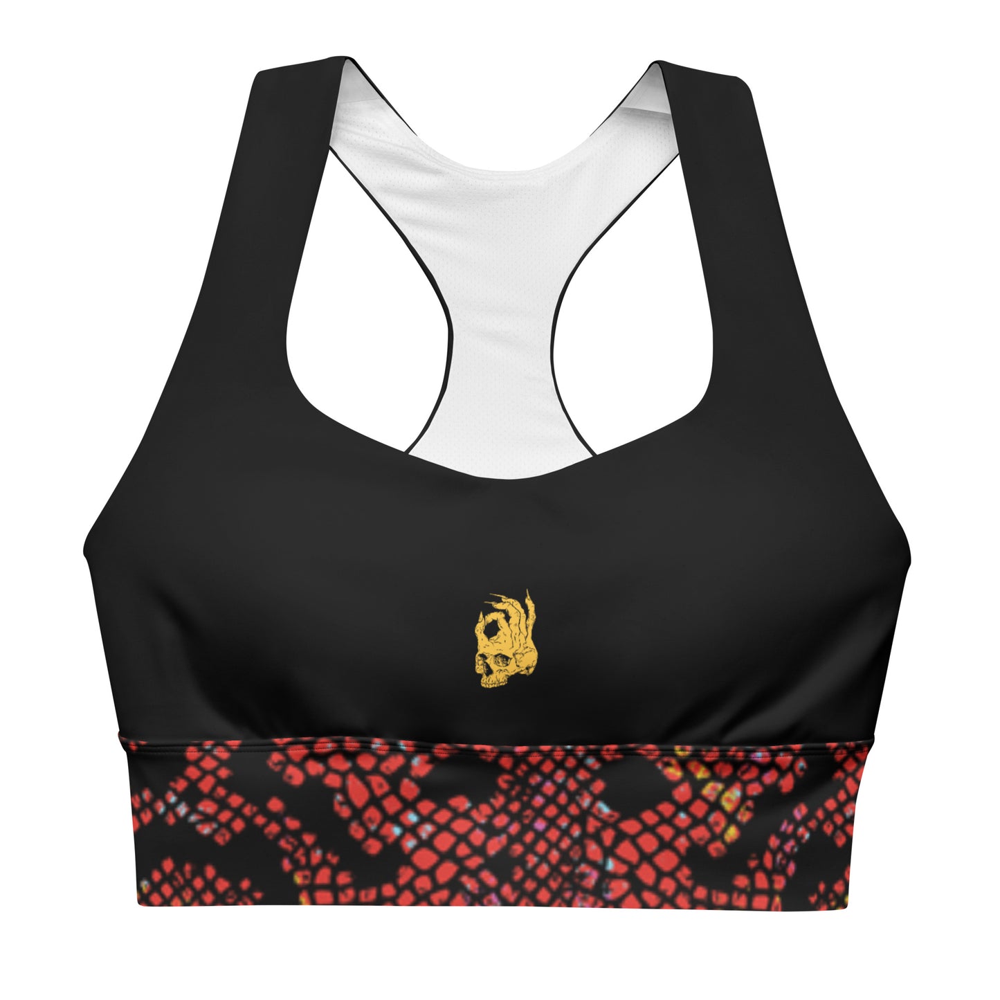 Front view of the Hellbeing women's sports bra in black and burgundy snakeskin