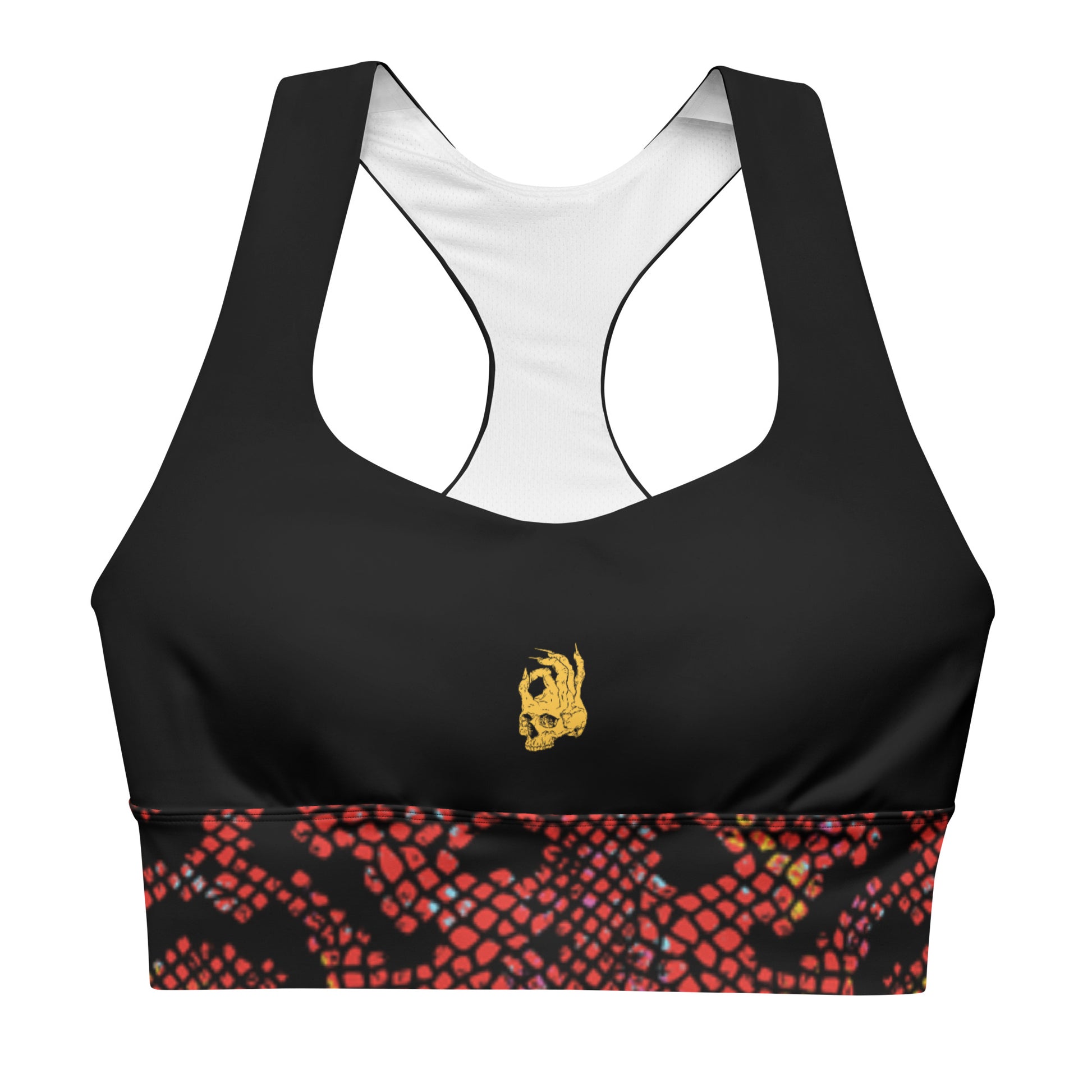 Front view of the Hellbeing women's sports bra in black and burgundy snakeskin