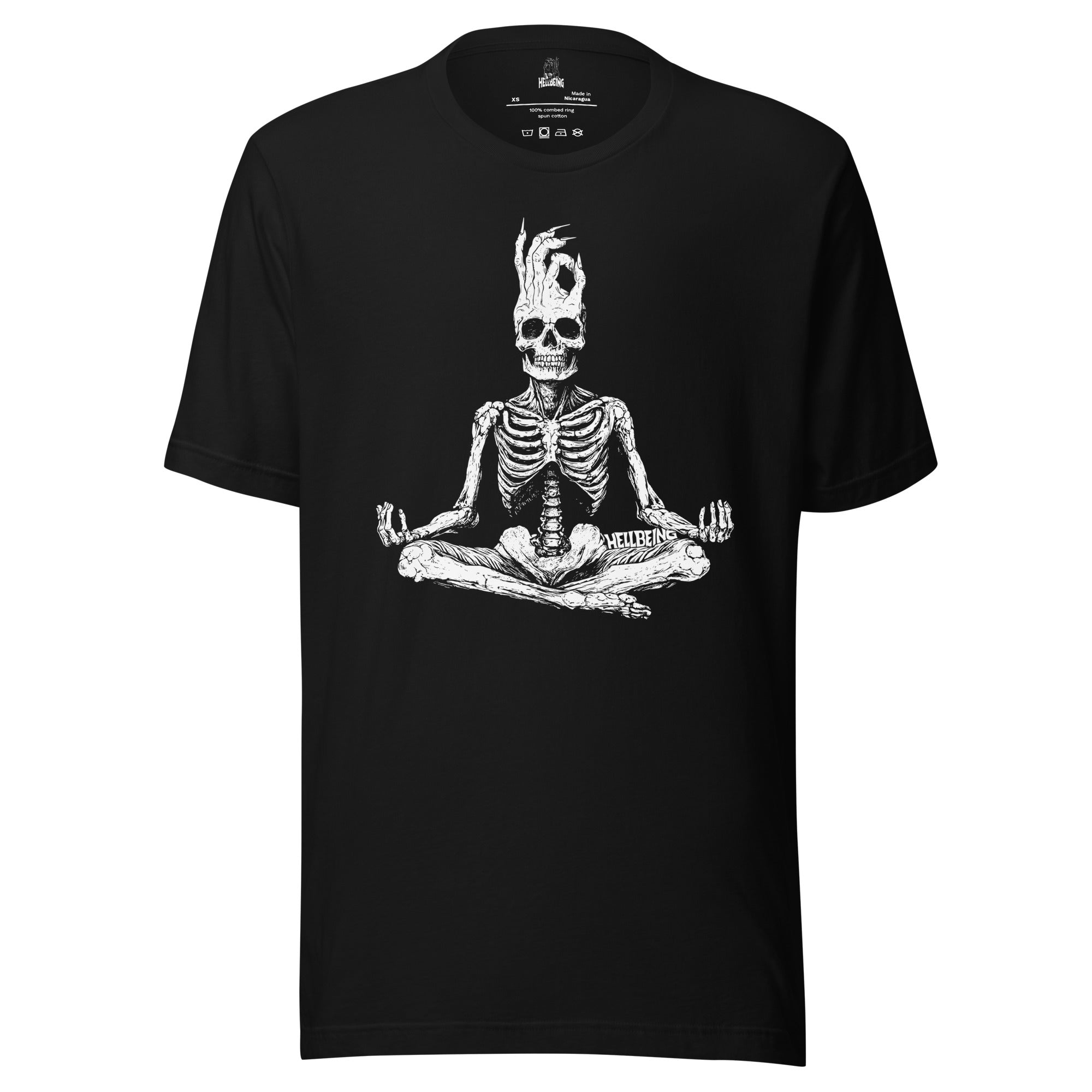 Hellbeing meditating skeleton black t-shirt, front view