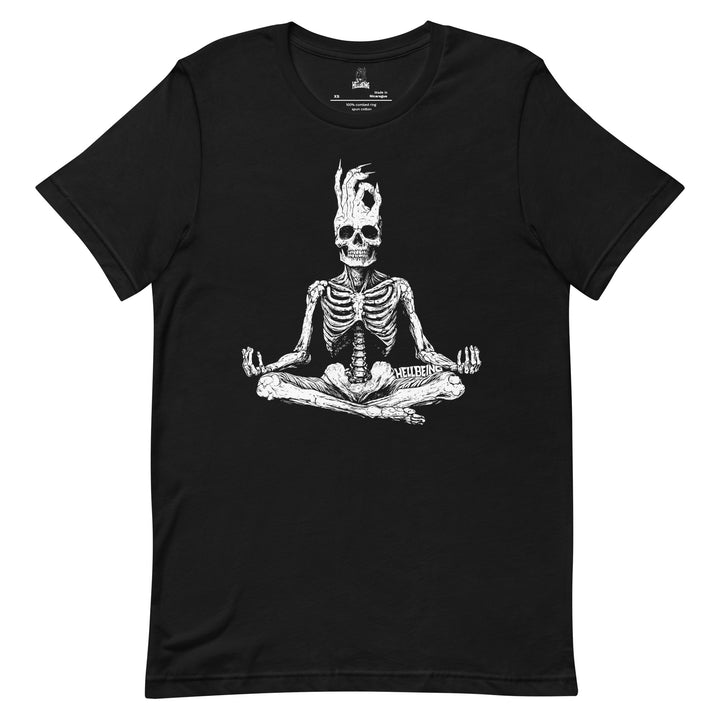 Hellbeing meditating skeleton black t-shirt, front close-up