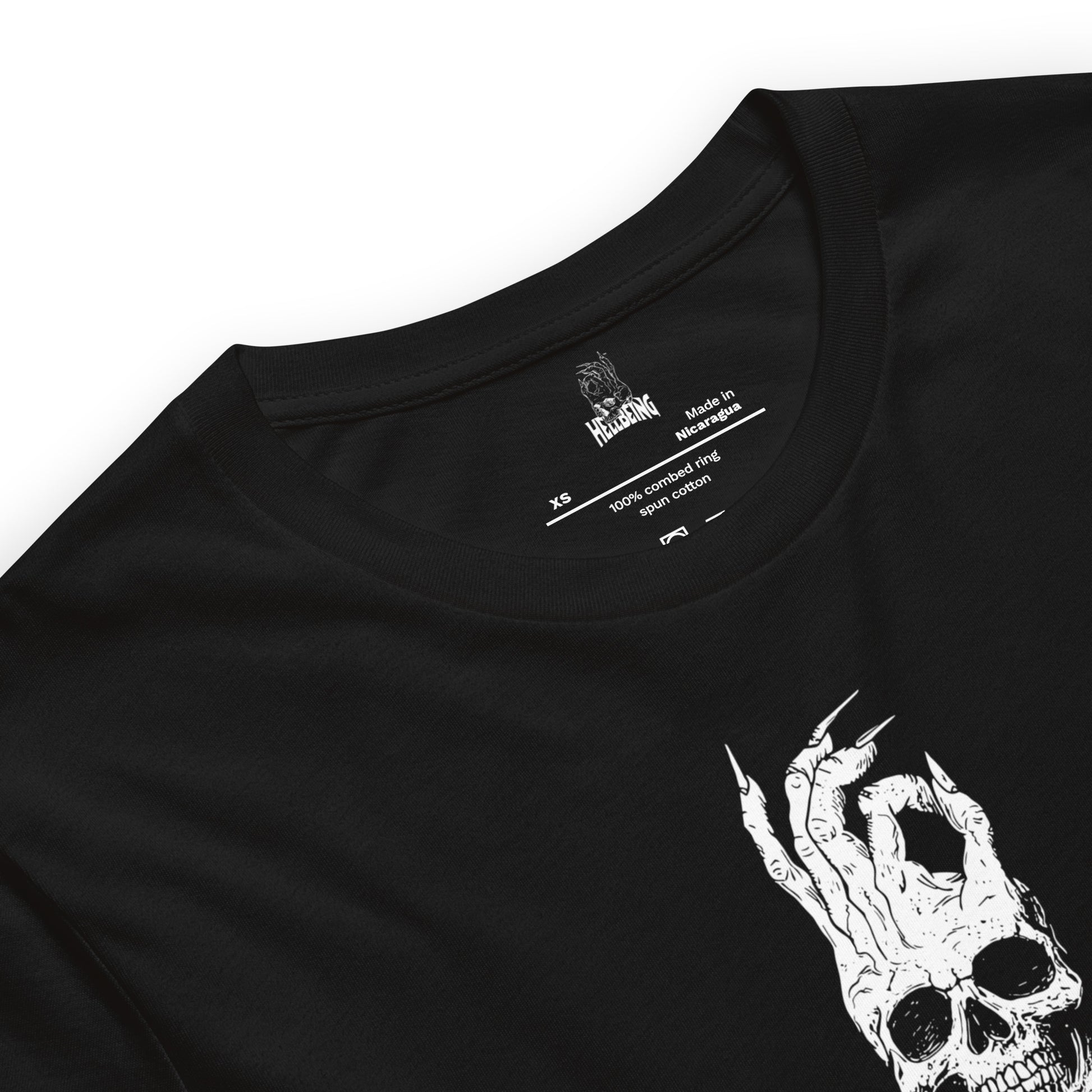 Inside label view of the Hellbeing Meditating skeleton unisex black t-shirt