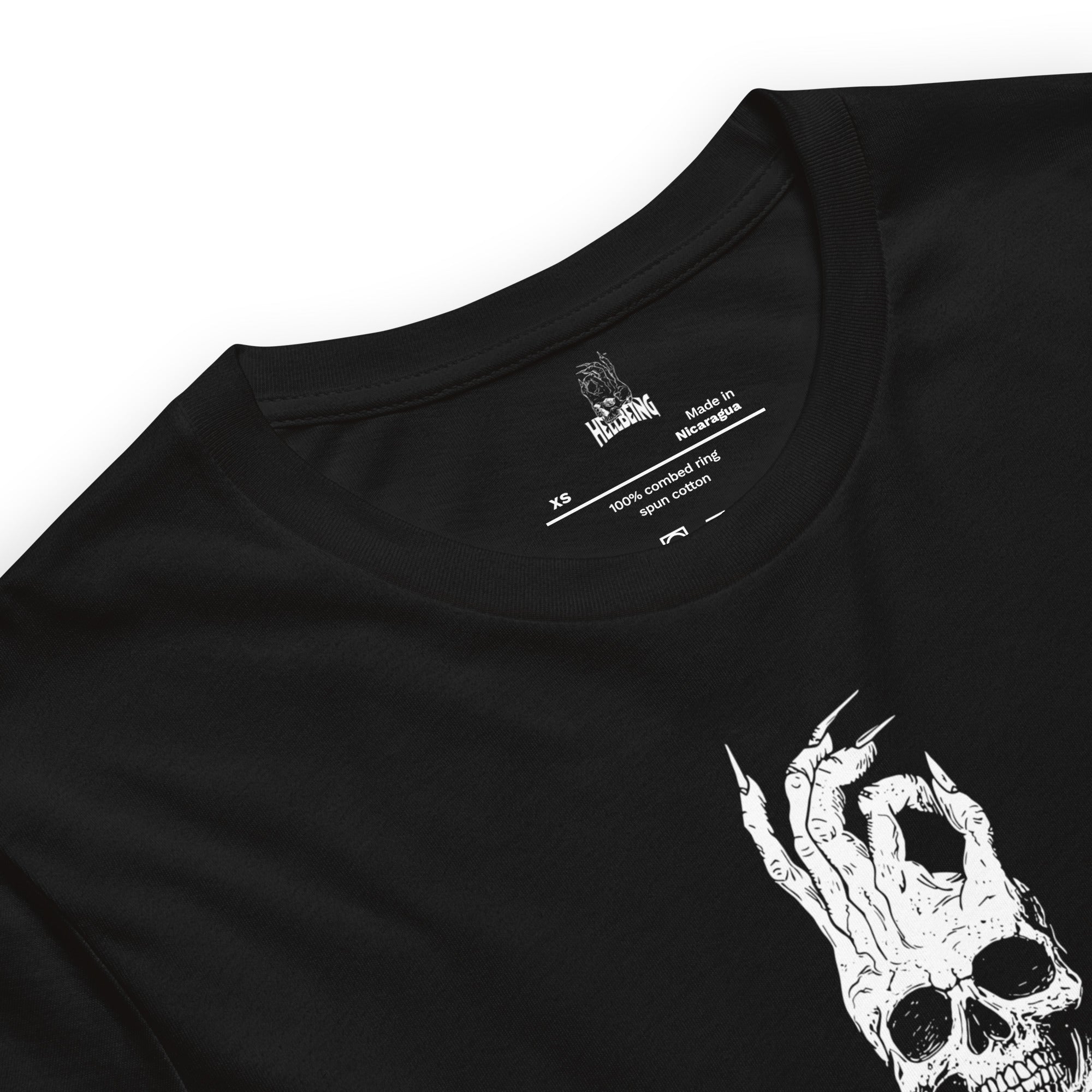 Hellbeing meditating skeleton t-shirt inside label and fabric detail