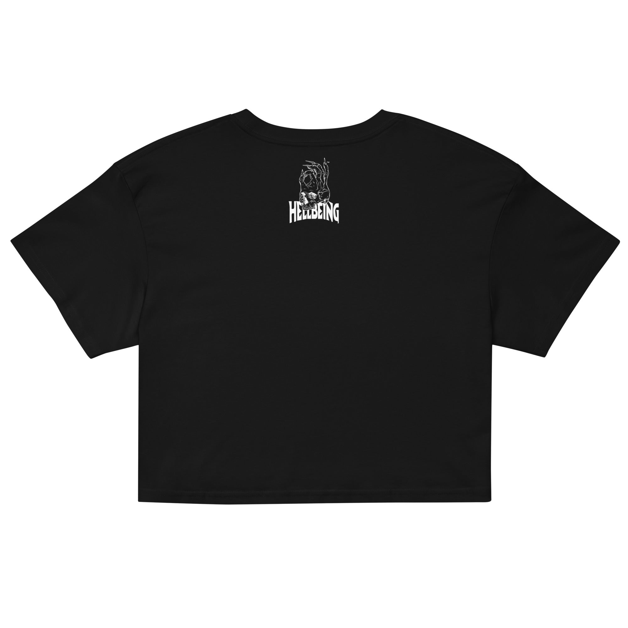 Hellbeing meditating skeleton crop top in black, label detail