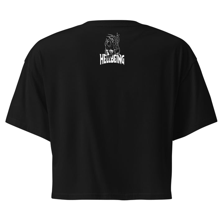Hellbeing meditating skeleton crop top in black, back view
