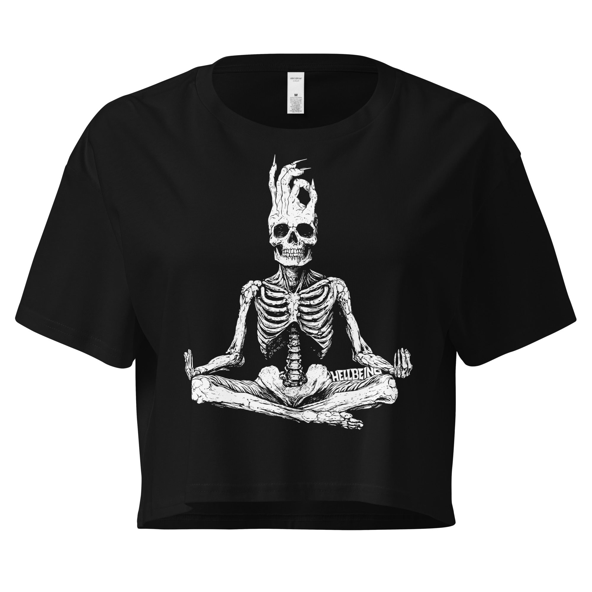 Hellbeing meditating skeleton crop top in black, front view