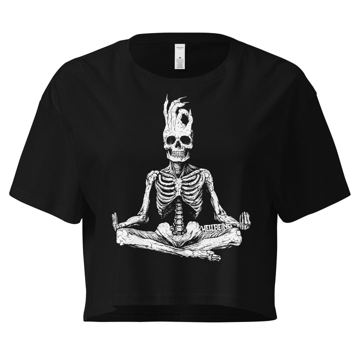 Hellbeing meditating skeleton crop top in black, front view