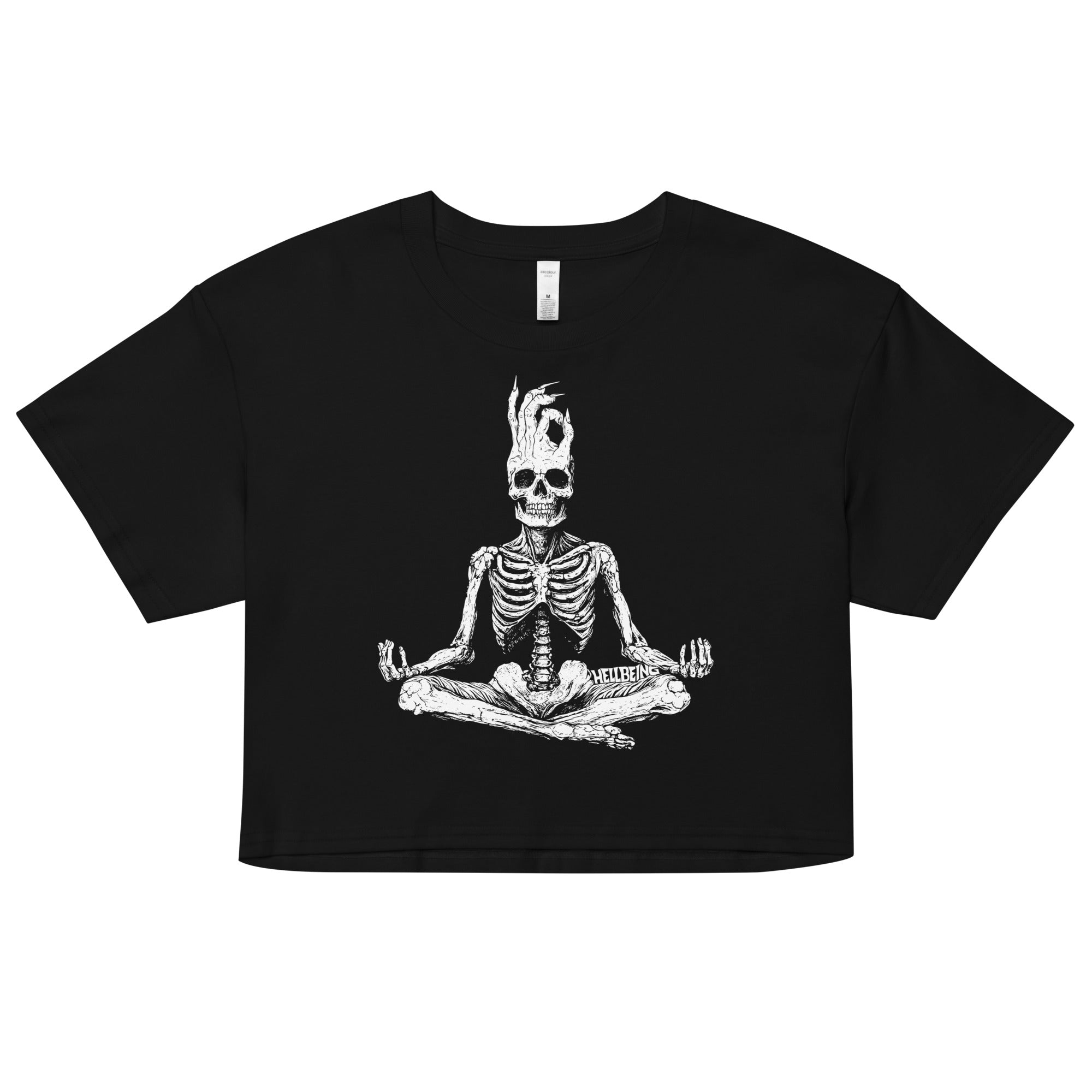 Hellbeing meditating skeleton crop top in black, front design view