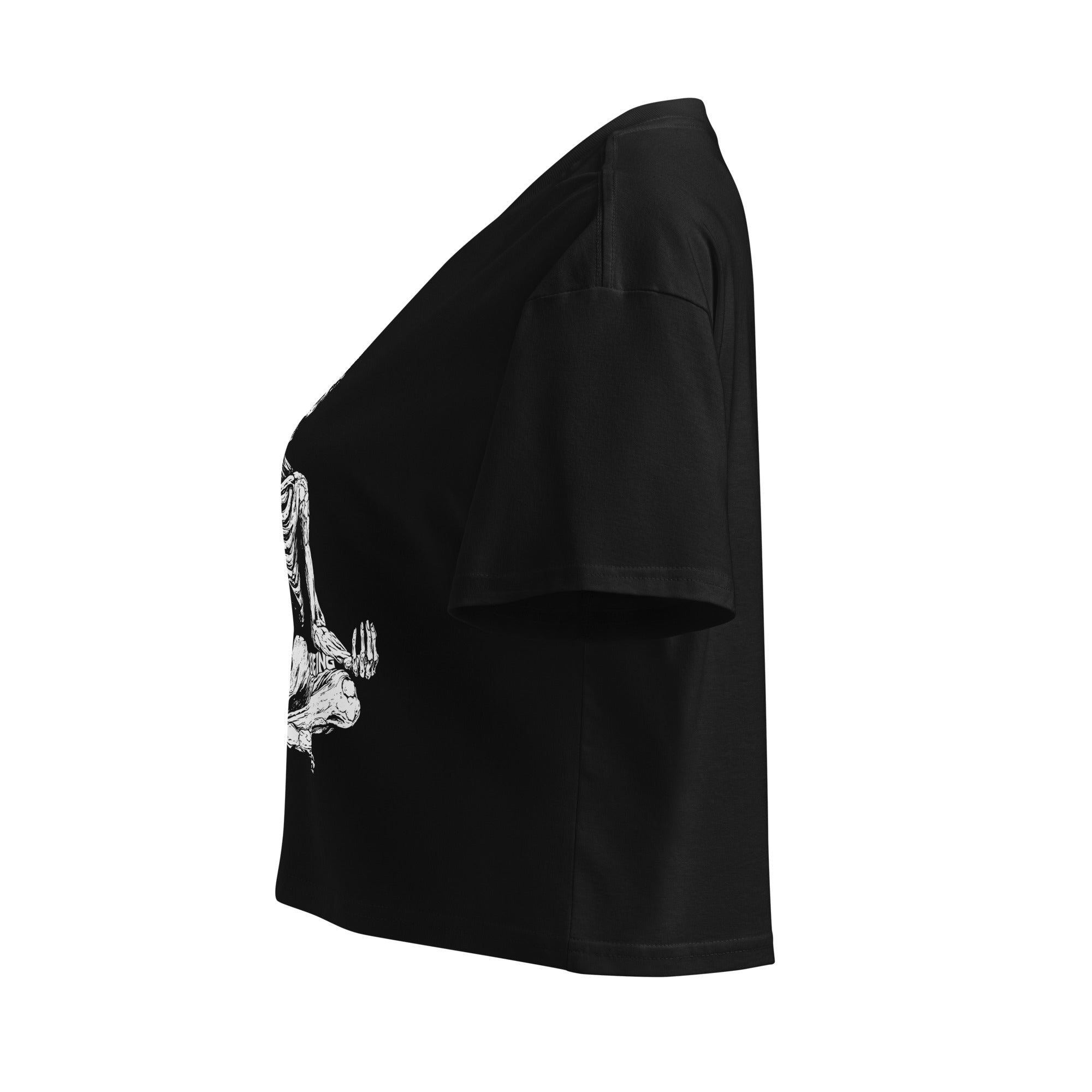 Hellbeing meditating skeleton crop top in black, left side view