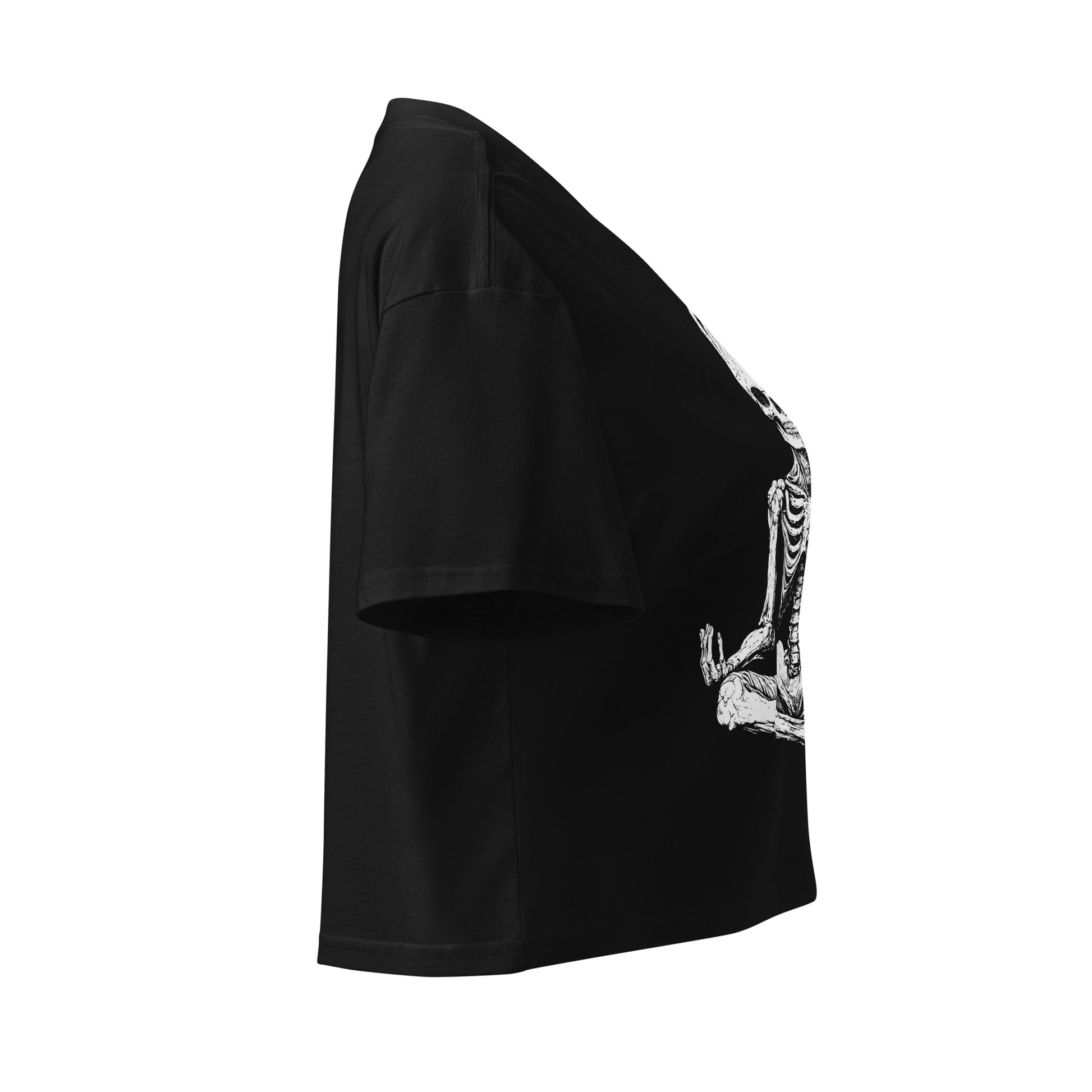 Right side view of the Hellbeing meditating skeleton women's black crop top
