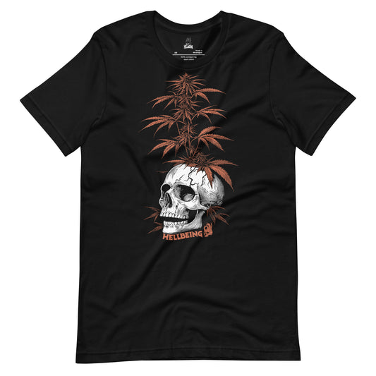 Front view of the Hellbeing cannabis skull plant black t-shirt