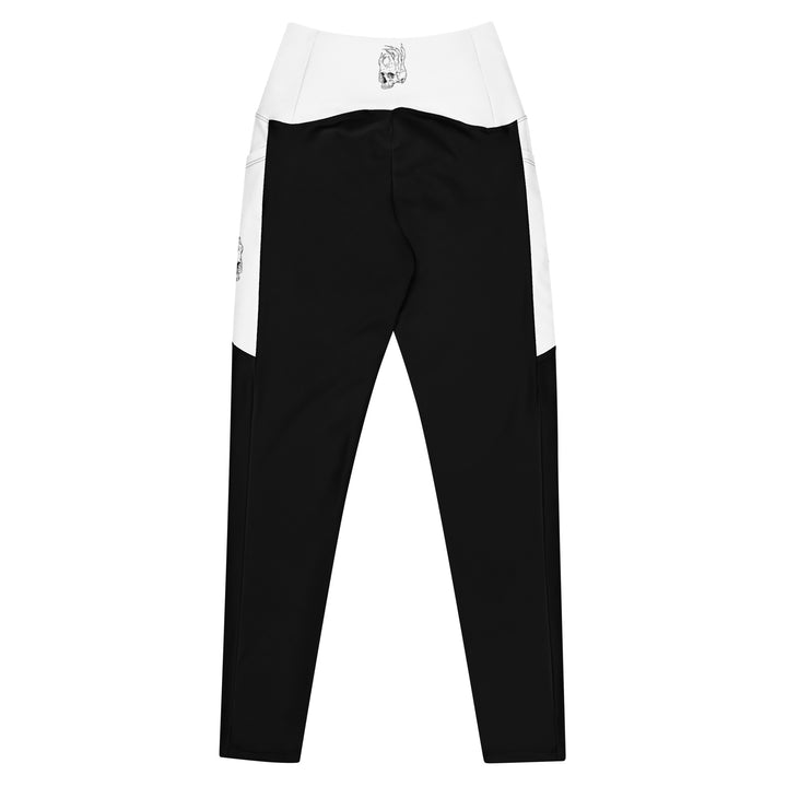 Hellbeing skull logo crossover leggings in black and white, back view
