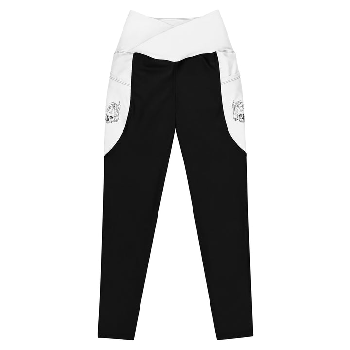 Hellbeing skull logo crossover leggings in black and white, front view