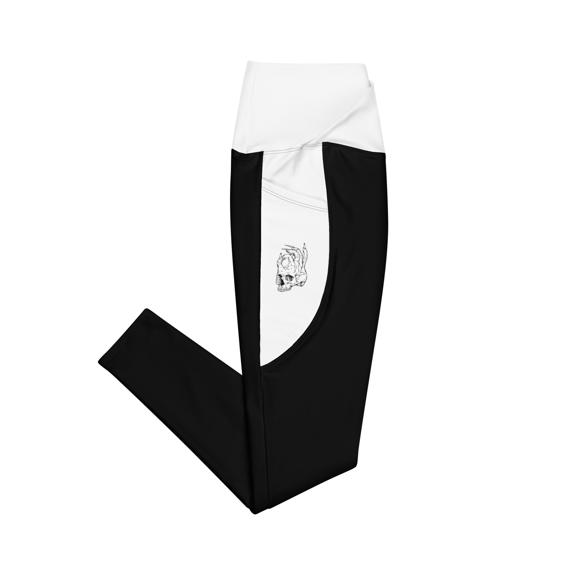 Hellbeing skull logo crossover leggings in black and white, side view