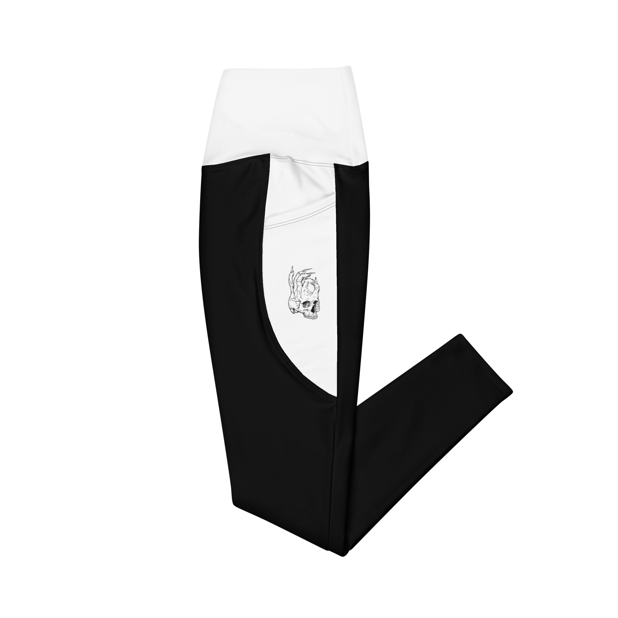 Hellbeing skull logo crossover leggings in black and white, detail view